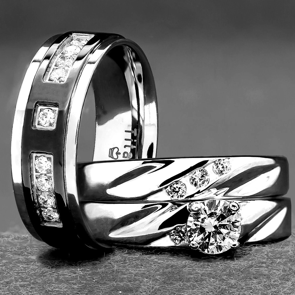  His and Hers Wedding Rings 3 pc ENGAGEMENT CZ 925 Sterling Silver Titanium SET