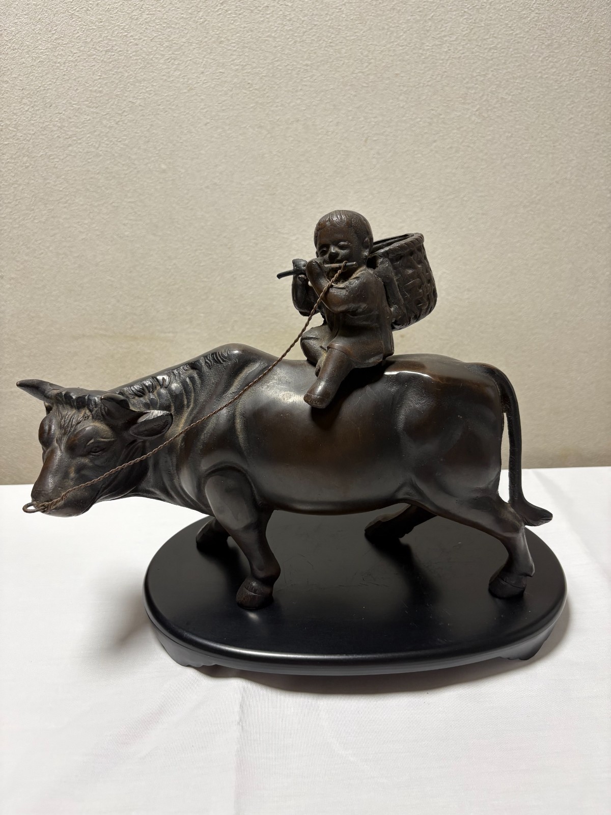 Japanese Vintage Bronze Statue Boy Riding Ox Bull Flute Okimono Figurine Craft