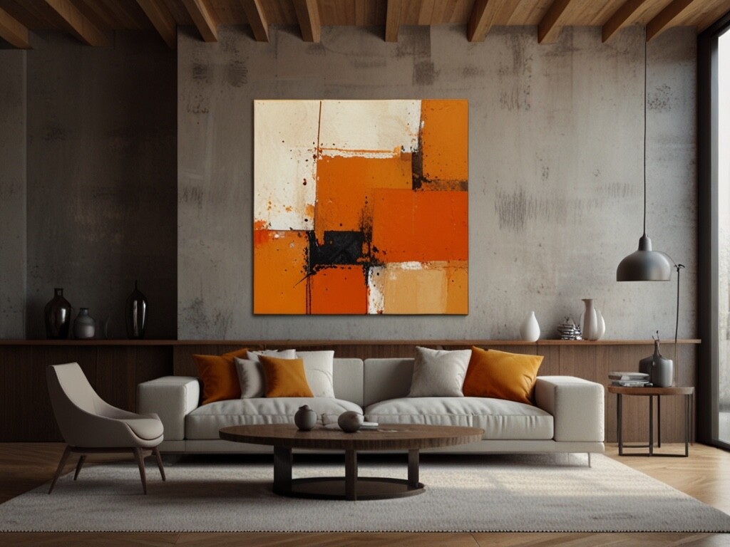 Orange Abstract acrylic painting large modern interior
