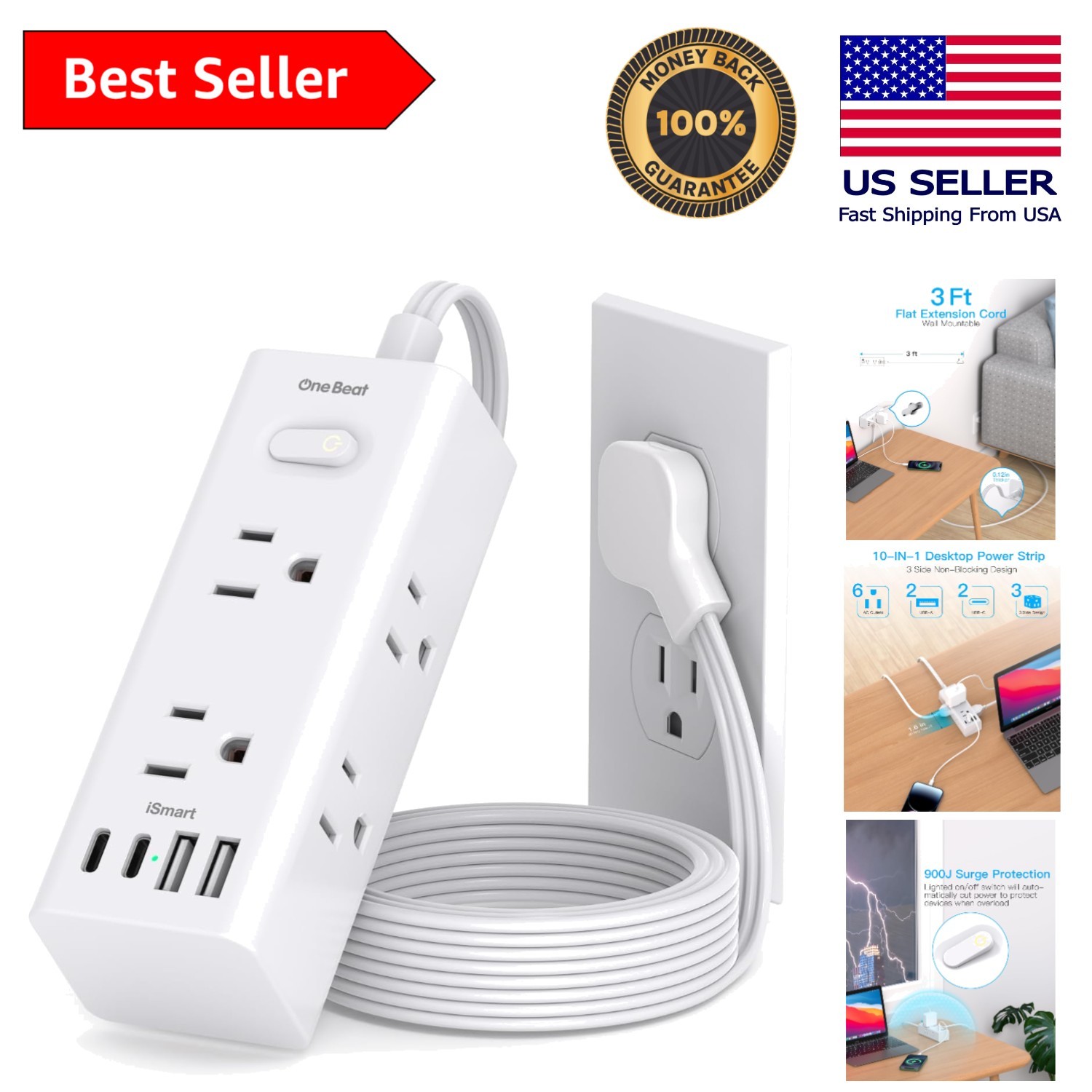 Convenient 3Ft Plug Power Strip with 6 Outlets & Dual USB Ports for All Devices
