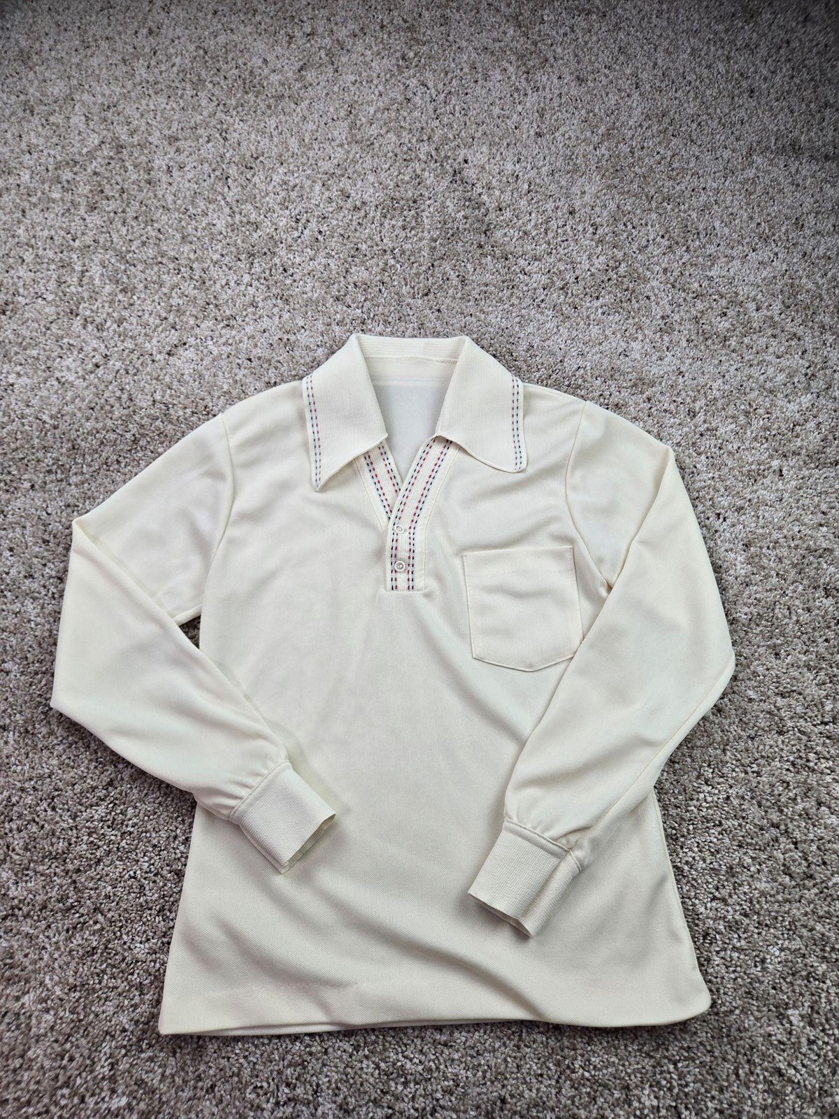 Vintage 70s Knit Polo Shirt Mens Small White Long Sleeve Point Collar Union Made
