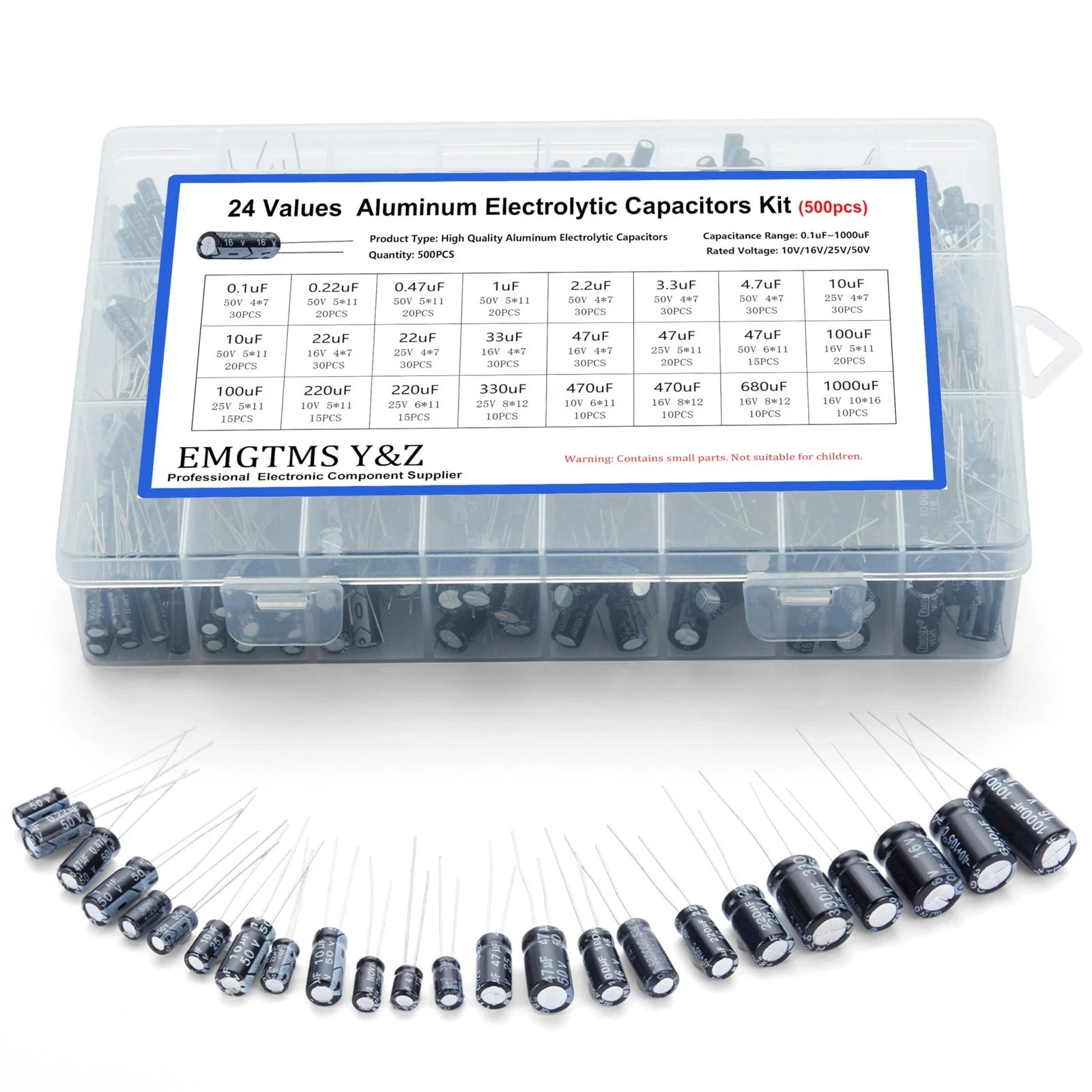 500 PCS 24-Value Electrolytic Capacitor Assortment Kit 0.1uF-1000uF Box