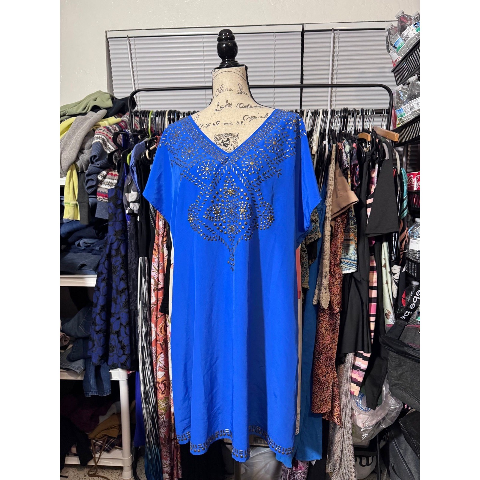 DG2 Diane Gilman Cobalt Blue Studded Kaftan Shift Dress Plus Size 1X Boho V-Neck