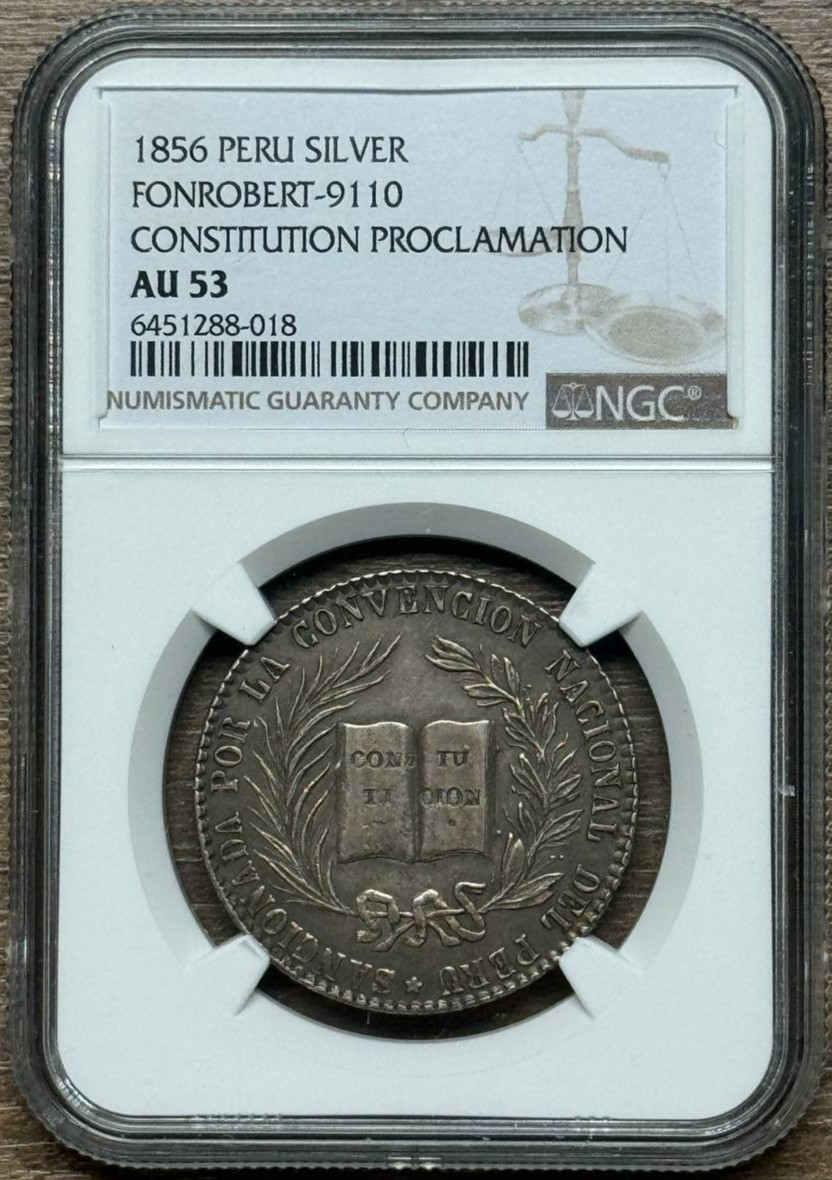 1856 PERU Silver FONROBERT-9110 medal CONSTITUTION PROCLAMATION AU53 NGC