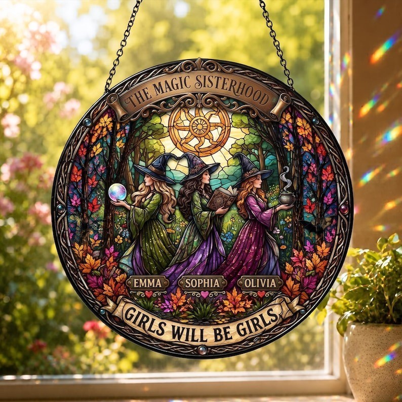 Personalized Witch Sisters Stained Glass Suncatcher, Custom Names Halloween Wind