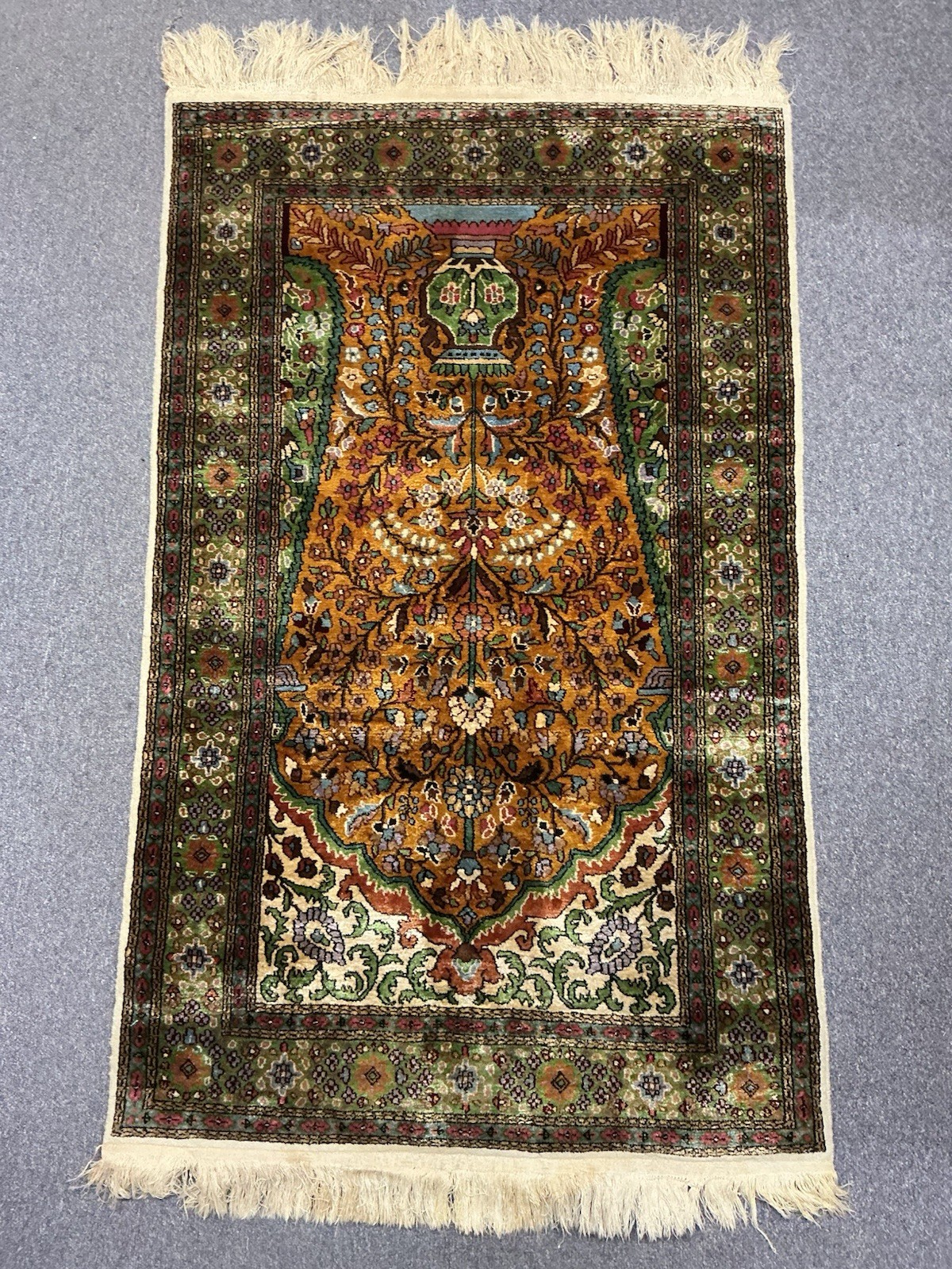 Vintage Hand Knotted Floral Vase Prayer Rug 30 x 53 Gold Green Fringe