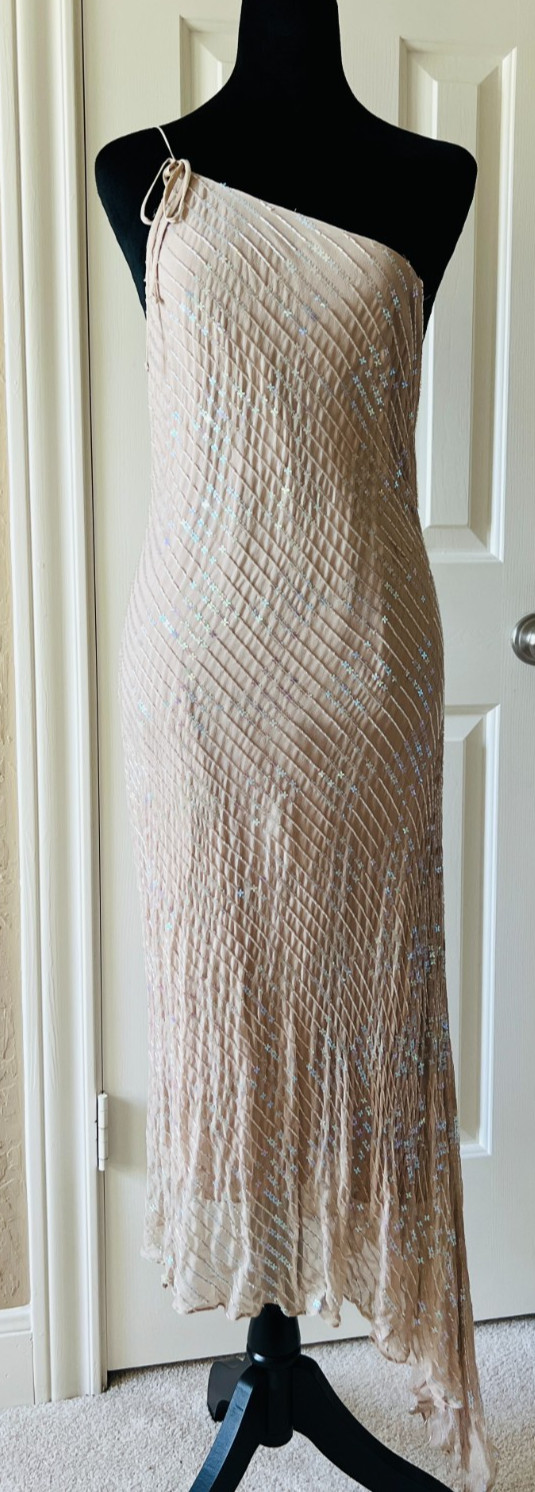 Laundry by Shelli Segal Women\'s Formal Silk Dress Size 10 Taupe Sequin Long NWT