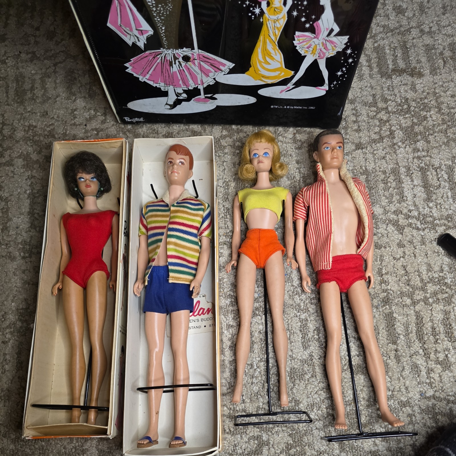 4 Vintage 1960\'s Barbie/ Ken and Friends w/clothes/accessories box &MORE