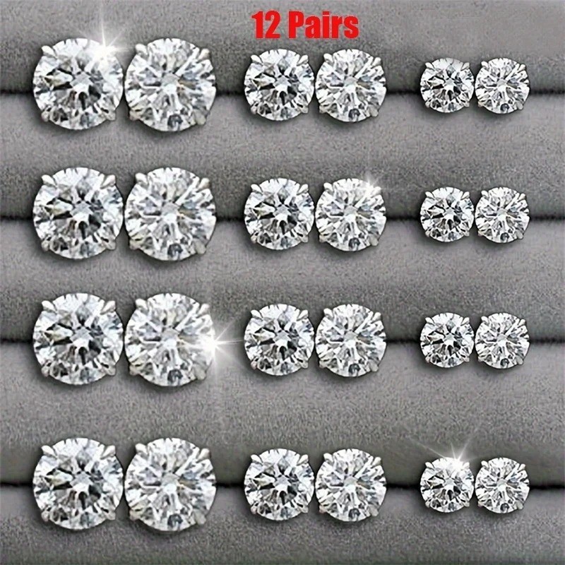 12 Pairs Stainless Steel Silver Stud Earrings Set CZ Round Crystal Men Women Kid 12 Pairs Stainless Steel Silver Stud Earrings Set CZ Round Crystal Men Women Kid
