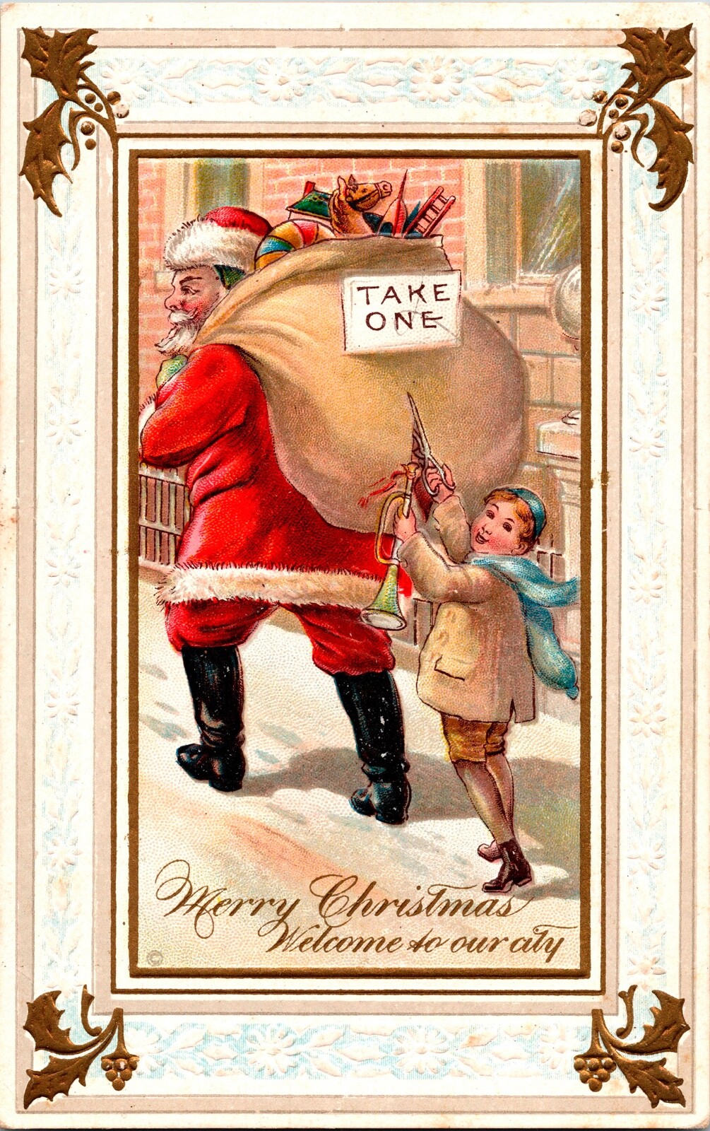 Vintage Santa Claus Boy Stealing, Toys Bugle from Bag Christmas Postcard UNUSUAL