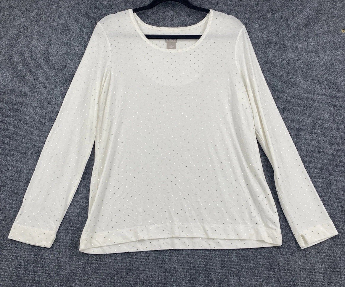 NWT Chico’s Long Sleeve Casual Glam Elevated Basics White Rhinestone Embellished