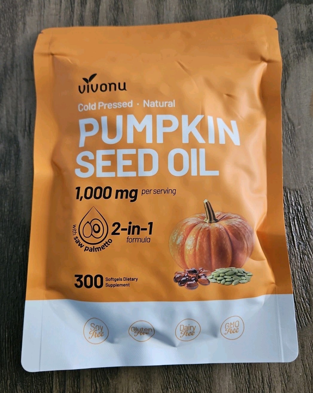 Vivonu Pumpkin Seed Oil + Saw Palmetto 300 Softgels, Cold-Pressed 1000 mg Orange