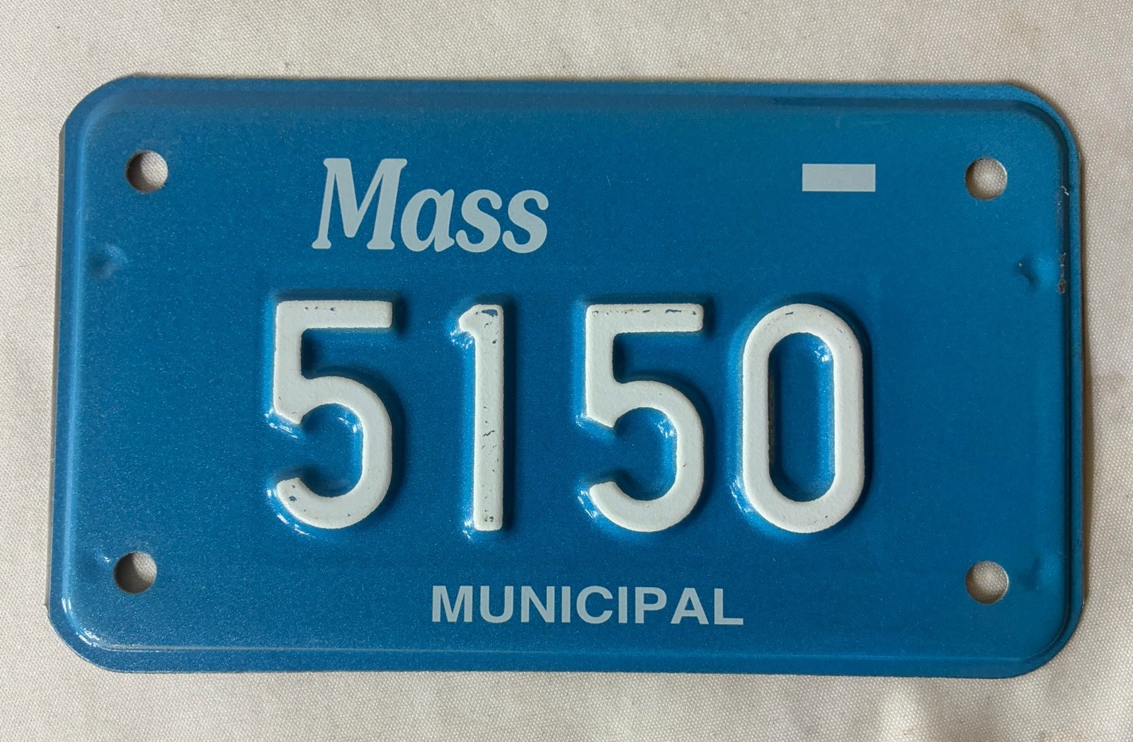 Rare Massachusetts Motorcycle License Plate - Municipal #5150 - White on Blue Rare Massachusetts Motorcycle License Plate - Municipal #5150 - White on Blue