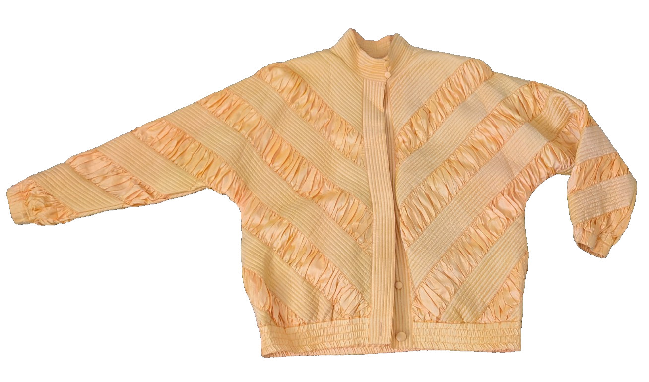 Vintage Thai Silk Cropped Jacket Peach Coral Chevron Pleated Smocked Art To Wear