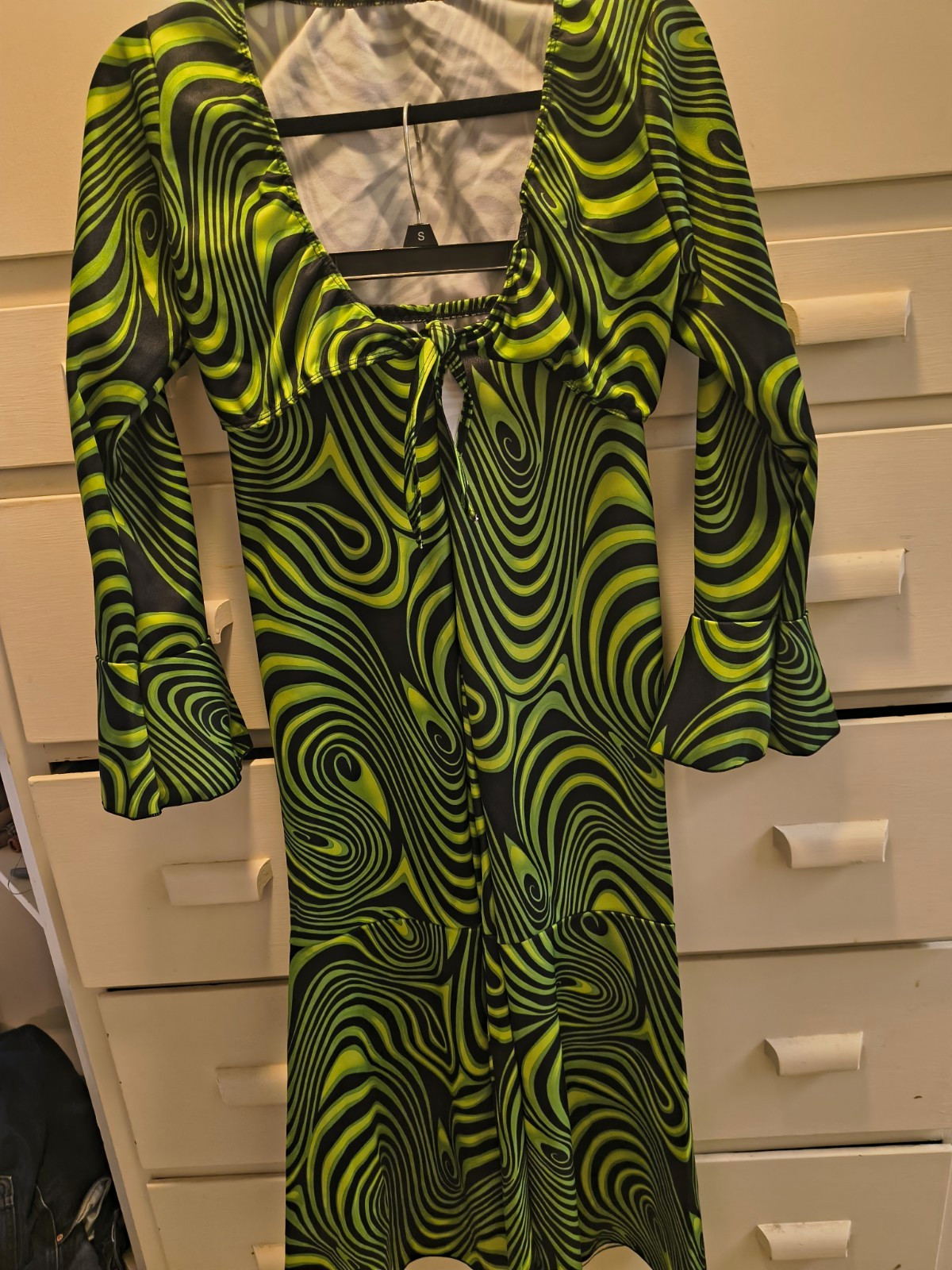 Women\'s Vintage 2-Piece Set Psychedelic Swirl Crop Top & Flare Pants Green/Black Women\'s Vintage 2-Piece Set Psychedelic Swirl Crop Top & Flare Pants Green/Black