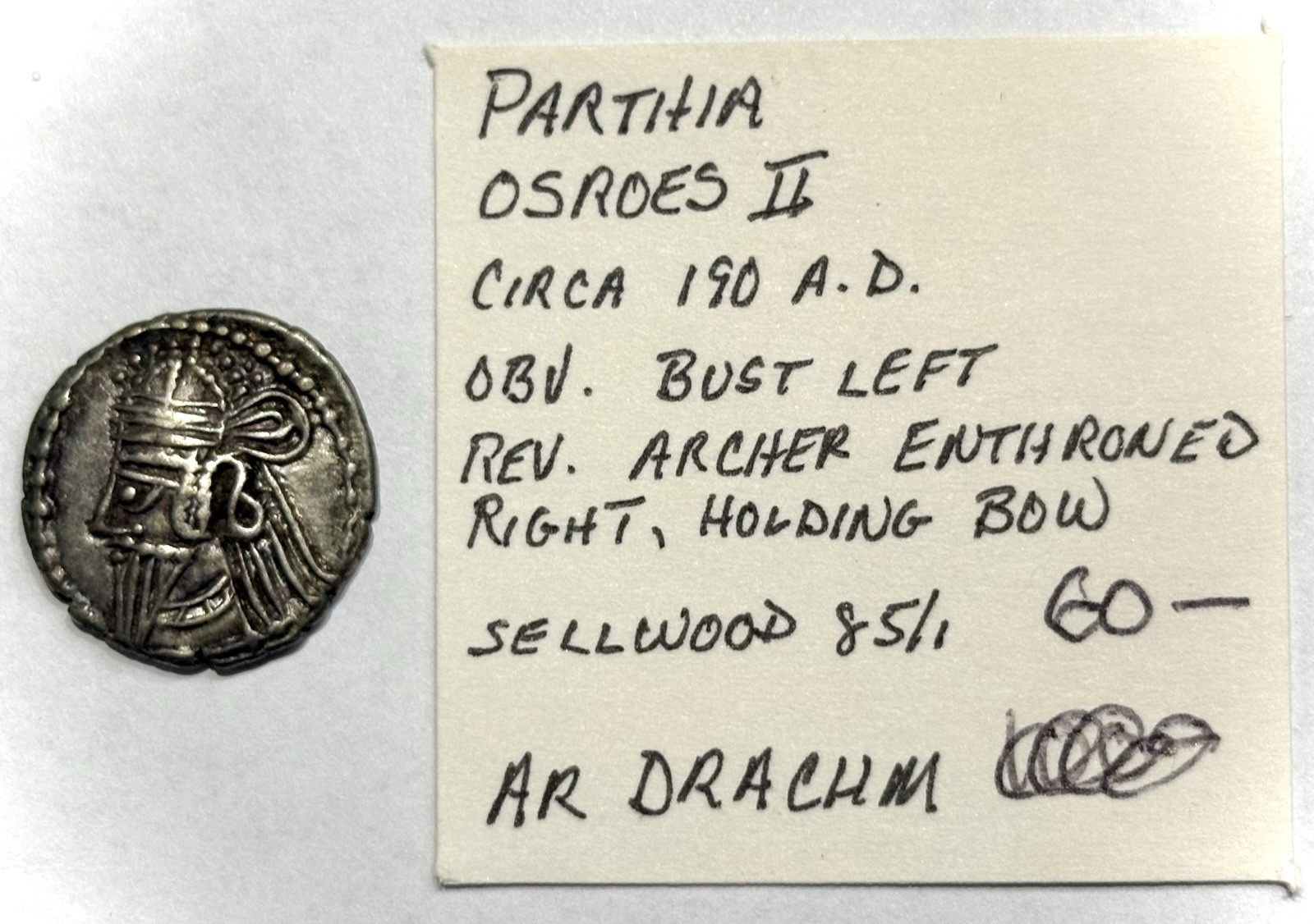 190 AD Parthian Kingdom Silver AR Drachm Osroes II Archer Coin
