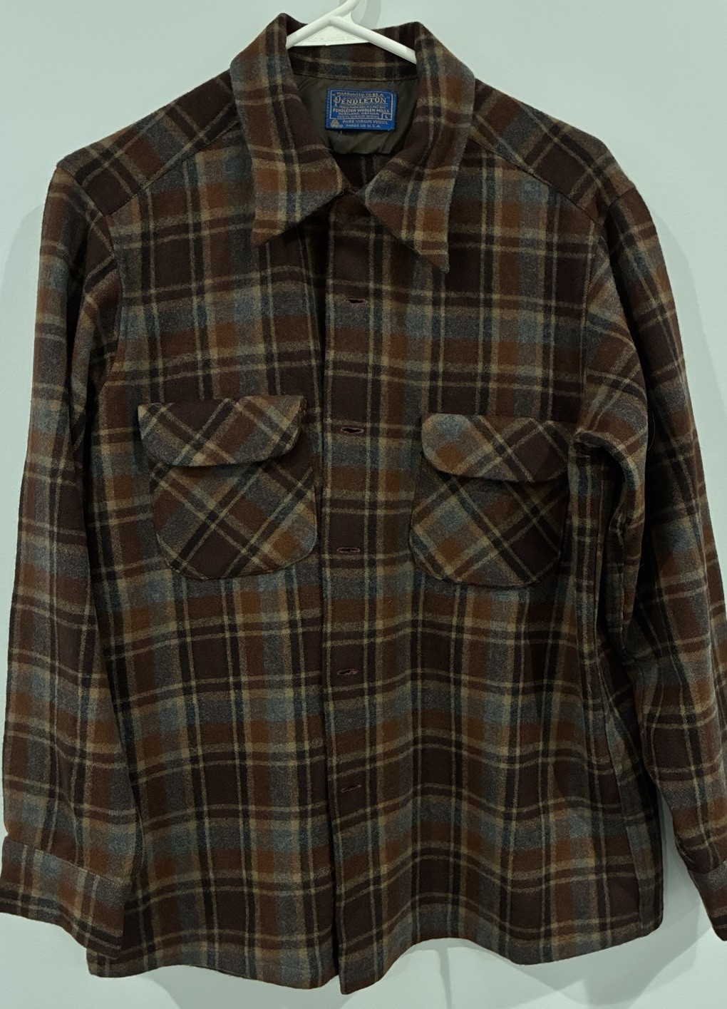 Vtg 1960s Pendleton Board Shirt Mens L Ombre shadow Been Orange Blue Loop Flap