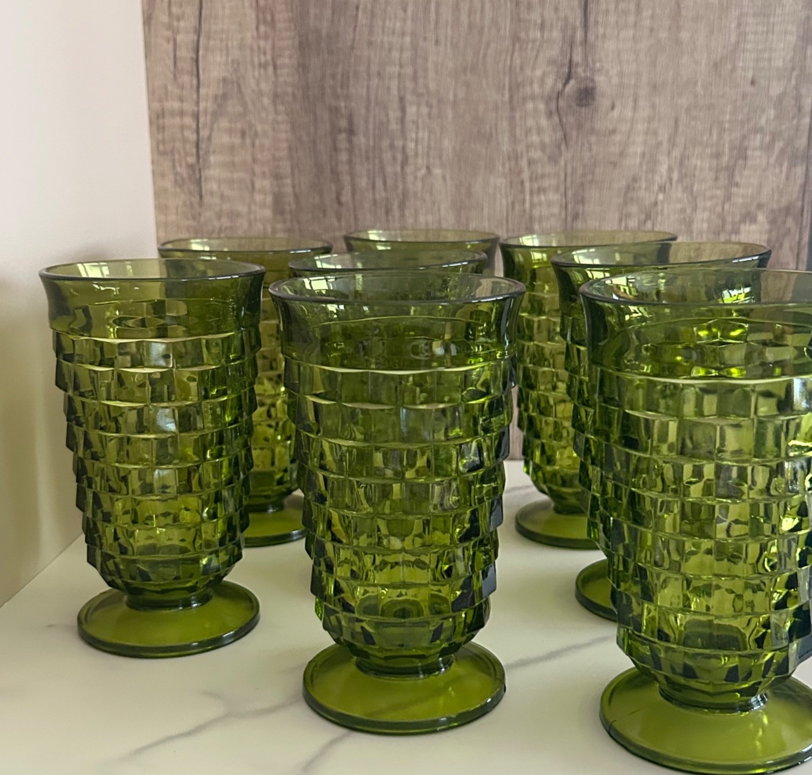 Vintage Indiana Glass Whitehall Avocado Green 14oz Iced Tea Tumblers - Set of 8