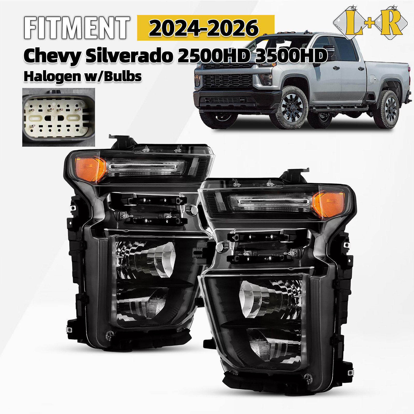 For 2024-2026 Chevy Silverado 2500HD 3500HD Halogen Type Headlights Right+Left