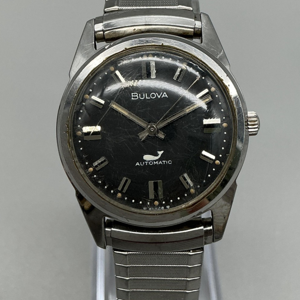 Vintage 1960s Bulova Sea King Mens Watch 31mm Black Dial Automatic Stretch Band