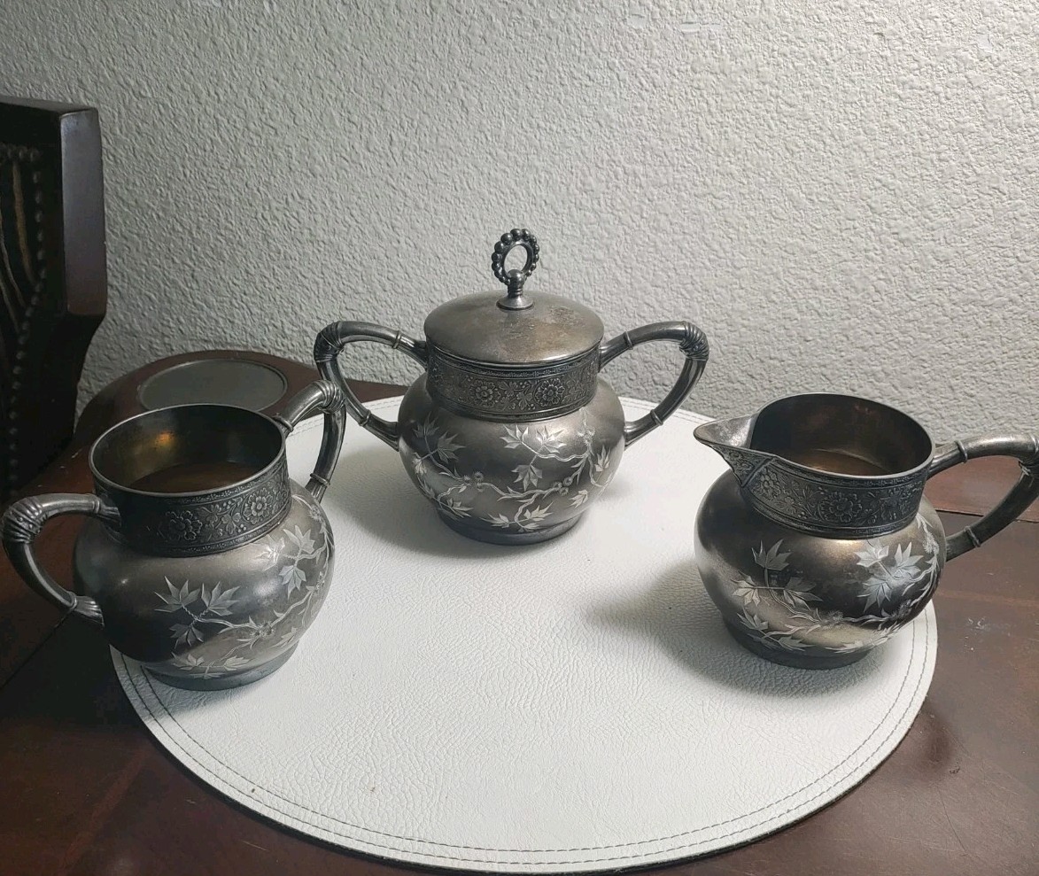RARE ANTIQUE JAMES W. TUFTS QUADRUPLE PLATED 3 PIECE SILVER SUGAR SET RARE ANTIQUE JAMES W. TUFTS QUADRUPLE PLATED 3 PIECE SILVER SUGAR SET