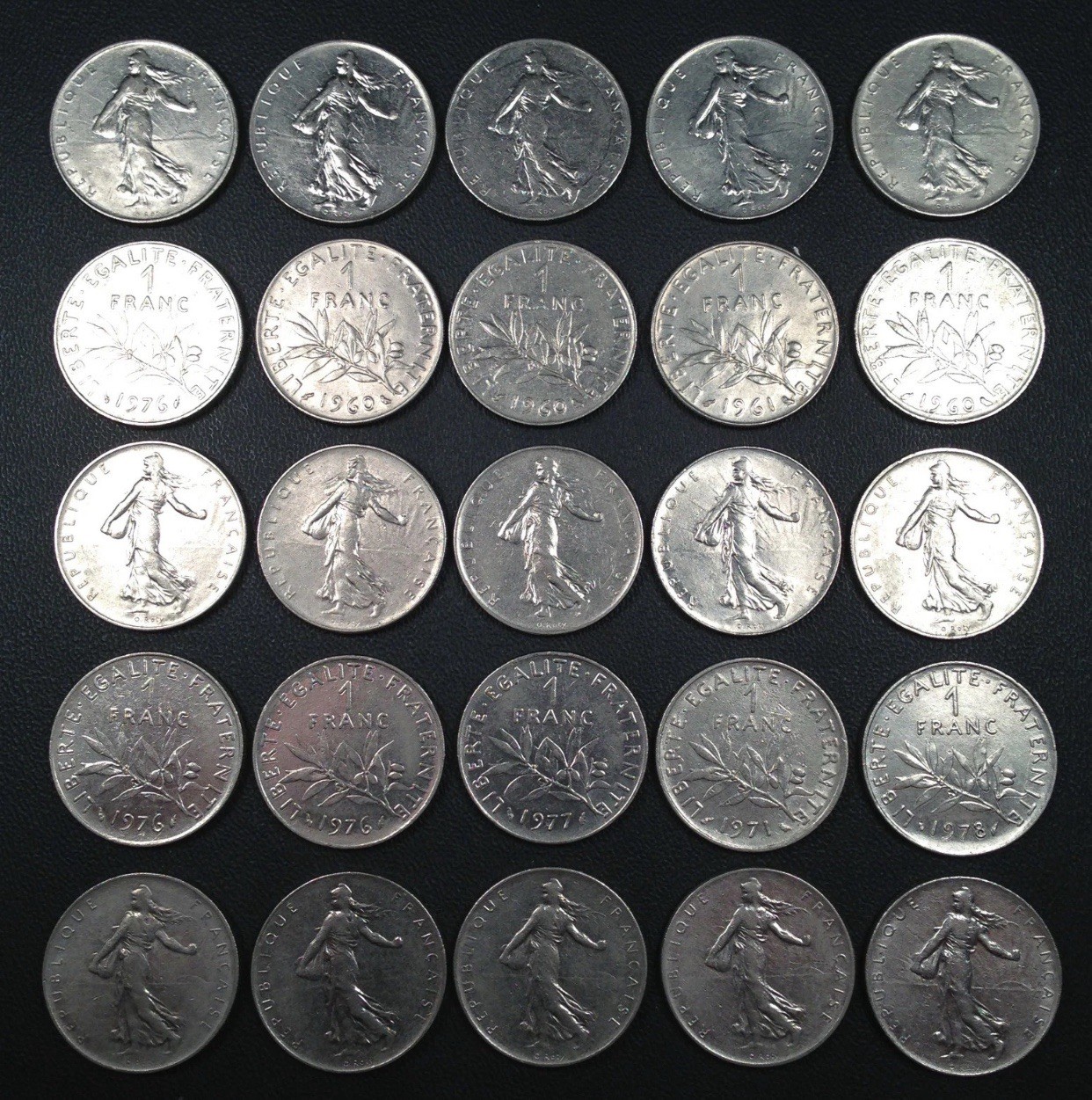 France Coin Lot - 25 One Franc Coins - PURE NICKEL French Francs France Coin Lot - 25 One Franc Coins - PURE NICKEL French Francs