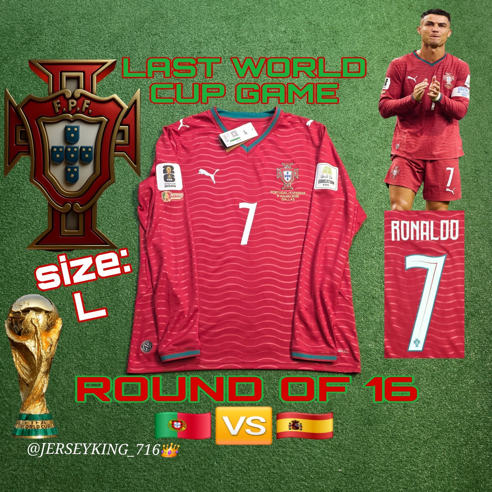 Puma Portugal FPF Cristiano Ronaldo #7 2026 World Cup Home Jersey WC Patches New
