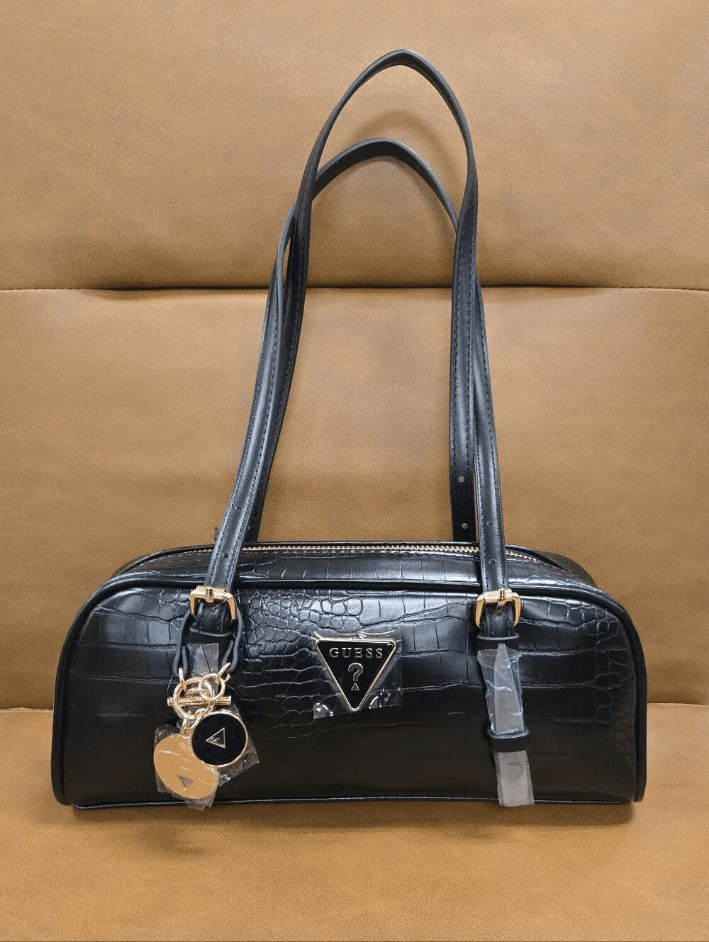 GUESS Black Croc-Embossed Shoulder Handbag
