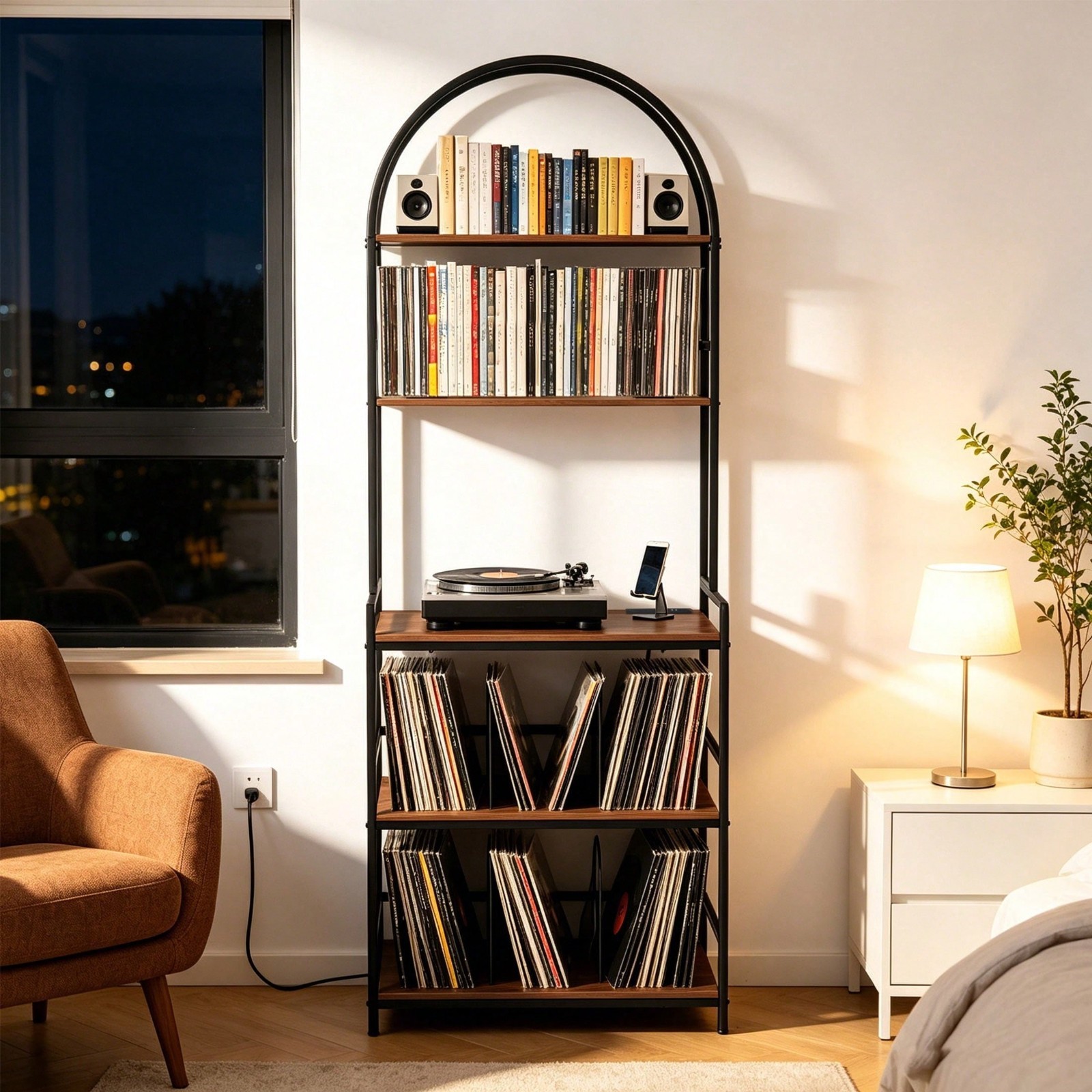 Record Player Stand with Charging Station, 5-Tier Vinyl Storage for Living Room