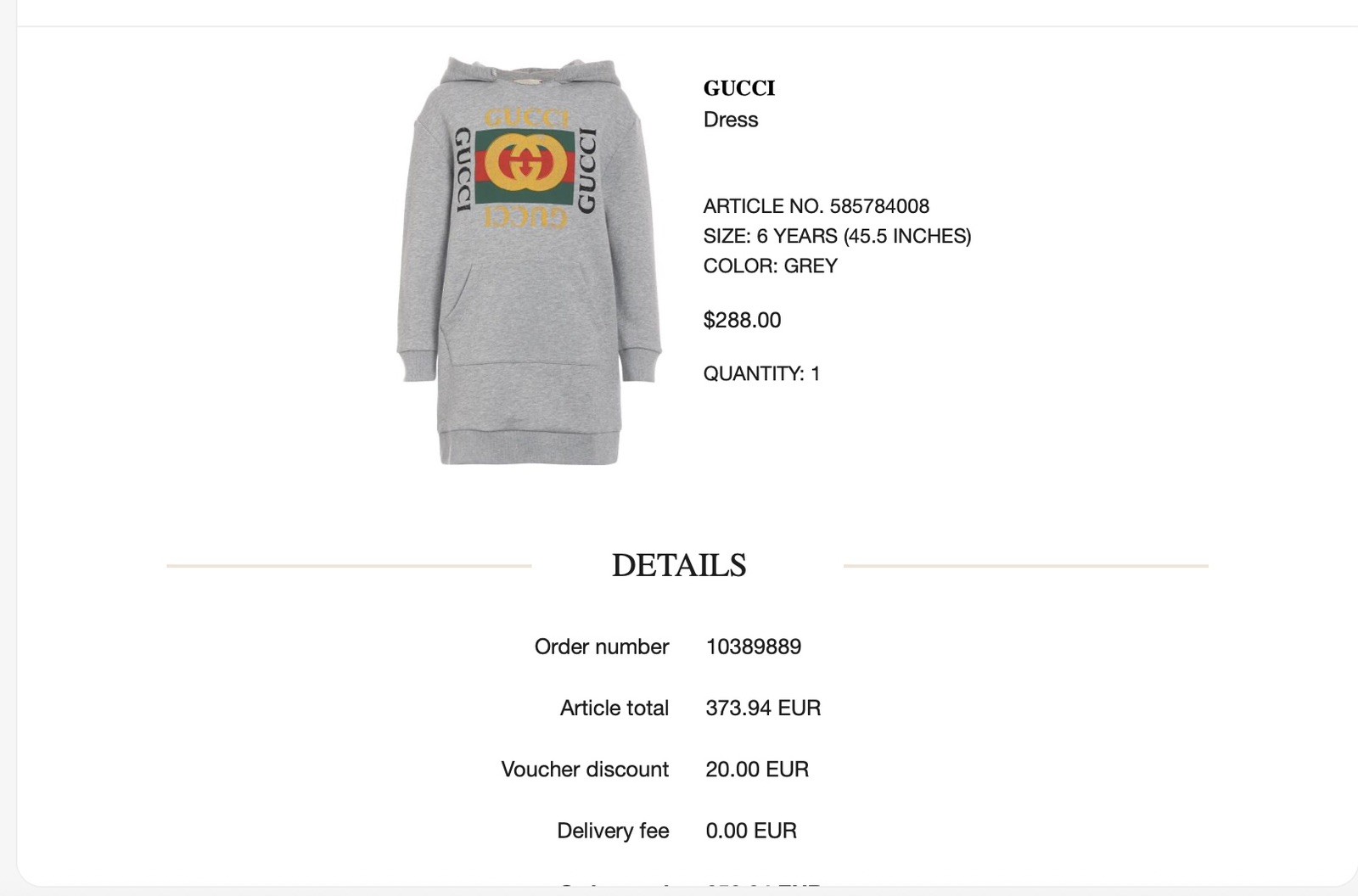 Gucci Kids Gray Hooded Dress w/ Retro Logo Colors Sz 6.