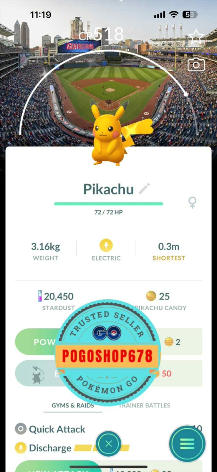 Pokémon Go - Shiny Pikachu MLB Cleveland Guardian Baseball Background✨ -Mini PTC