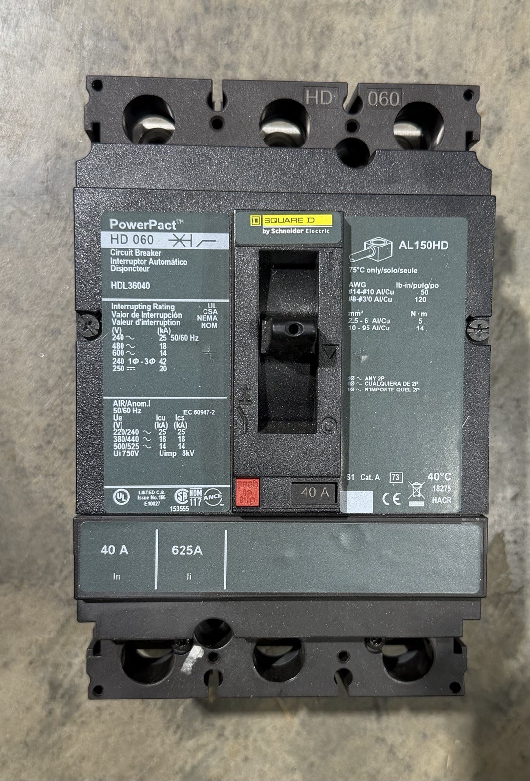 Square D HD 060 Power Pact HDL36040 3 Pole Molded Case Circuit Breaker
