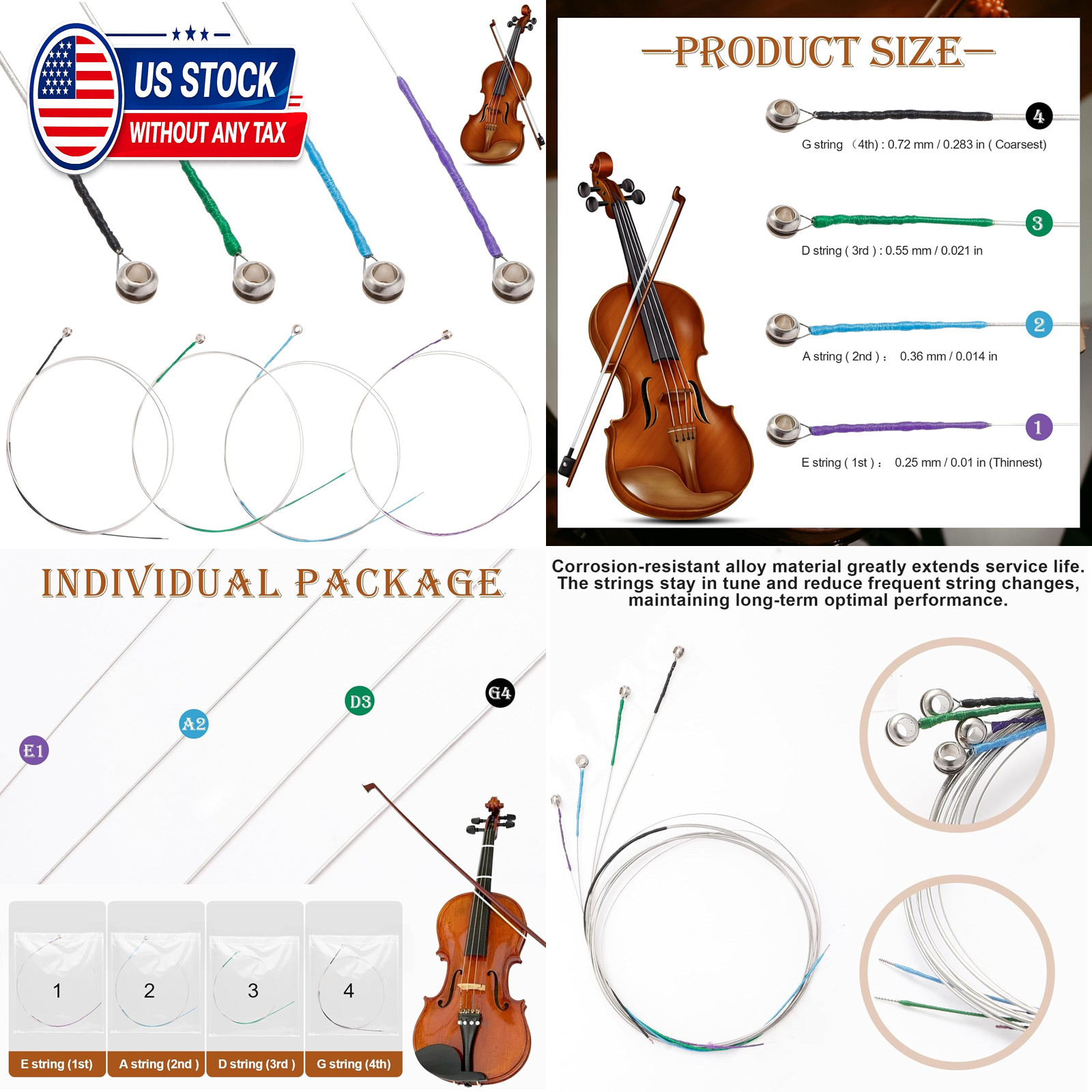 8 Pieces Violin Strings Full Set G-D-A-E, Replacement Strings for 4/4 3/4 1/2