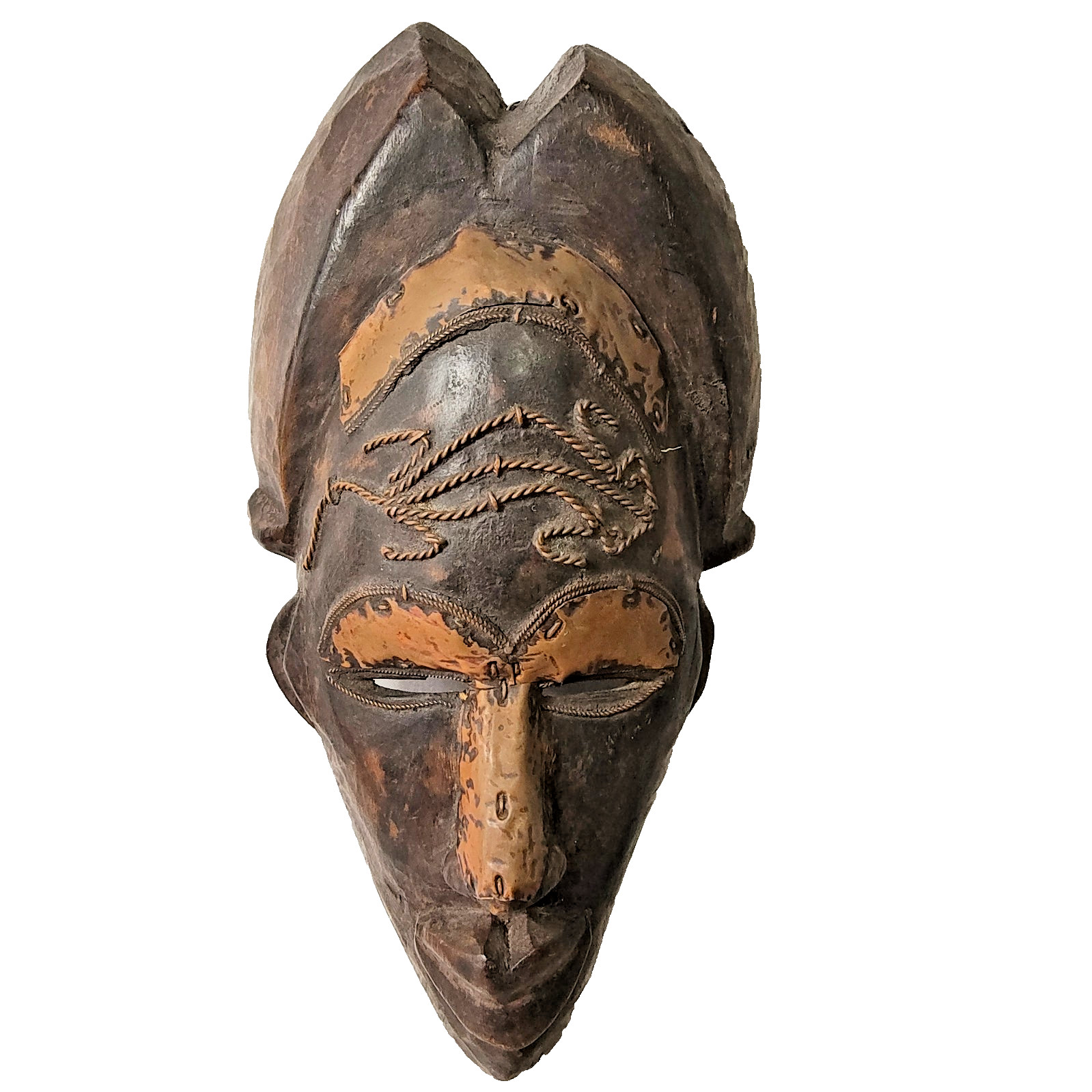 Vintage Tikar Tribe African Mask Wood with Brass/Copper Wire & Scarification 15\