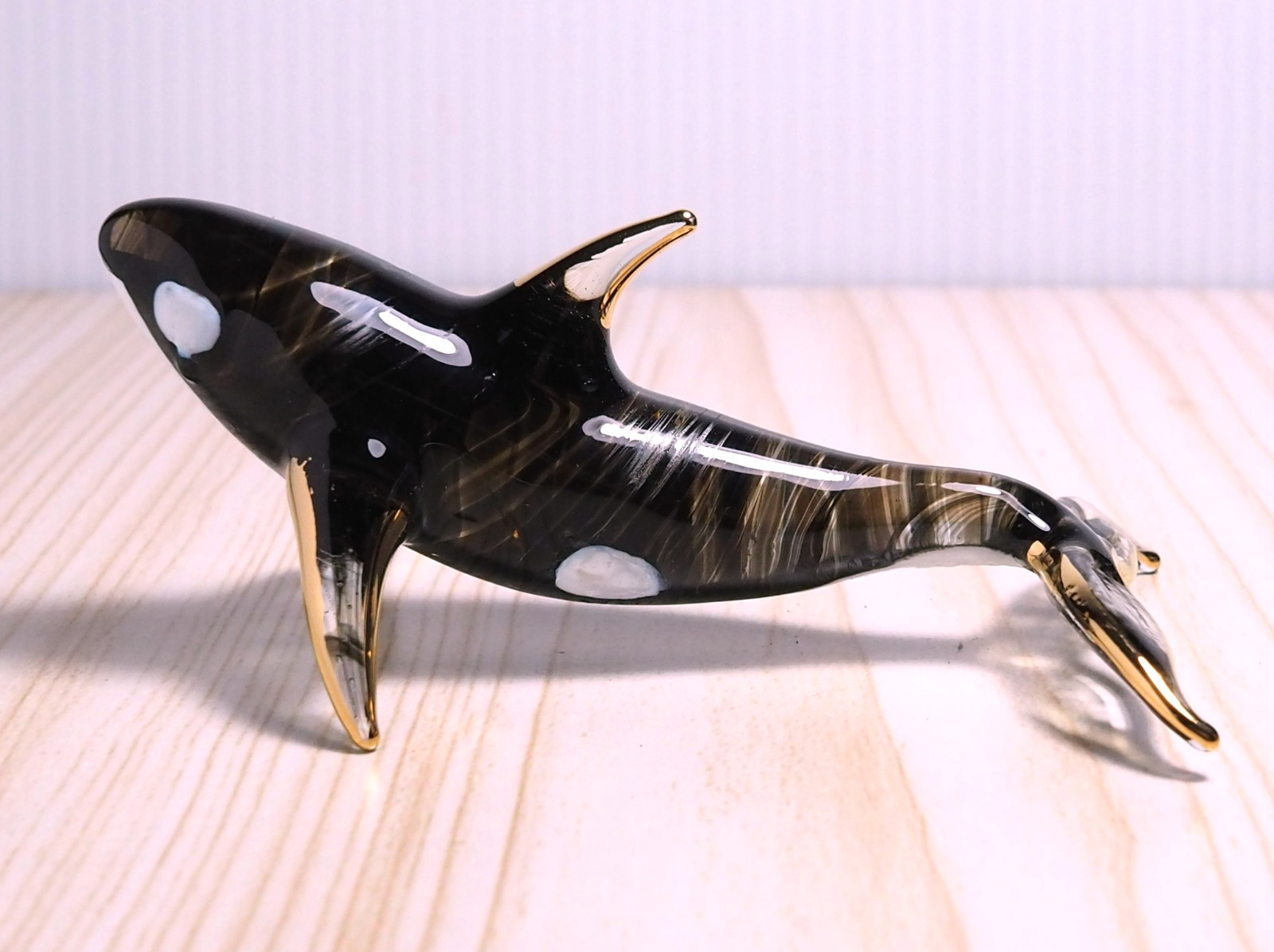 black ORCA Killer whale figurine handmade blown glass gold trim 3.5\