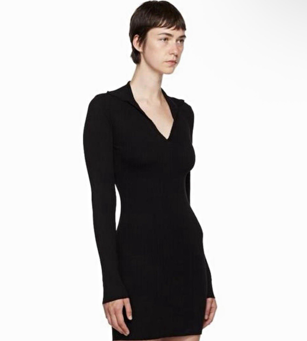 Cotton Citizen Ibiza Black Ribbed Knit Collared V-Neck Long Sleeve Dress Sz M