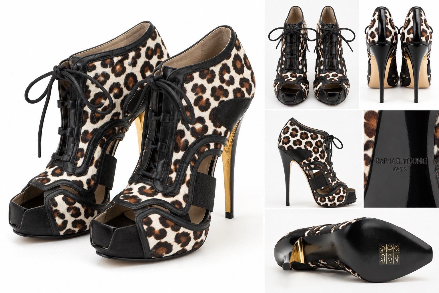 Raphael Young Paris Leopard Calf Hair Lace Up Platform Heels EU 37 RARE