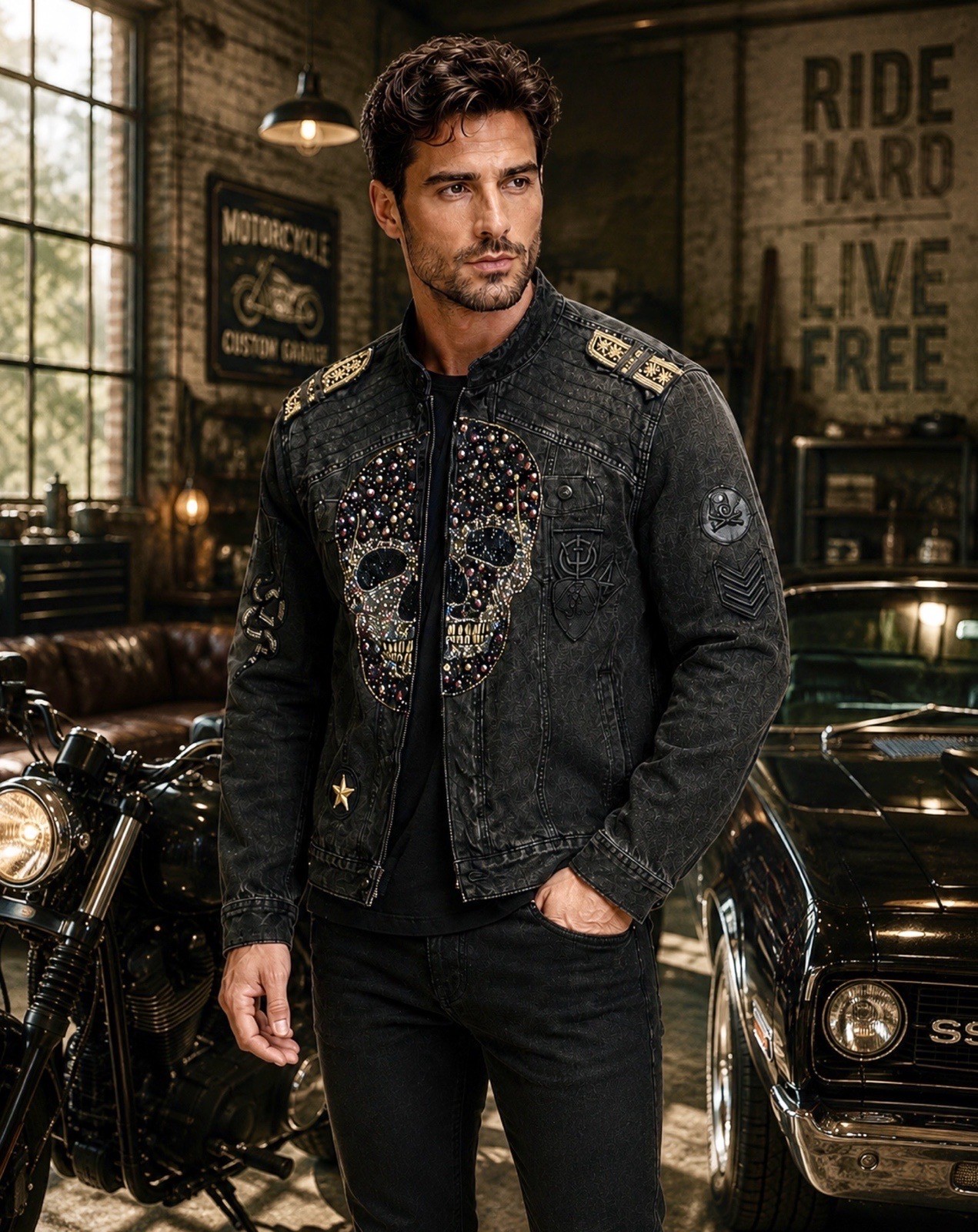 Denim Gorgeous Handmade Upcycling Beaded Skeleton Men\'s L Denim Gorgeous Handmade Upcycling Beaded Skeleton Men\'s L