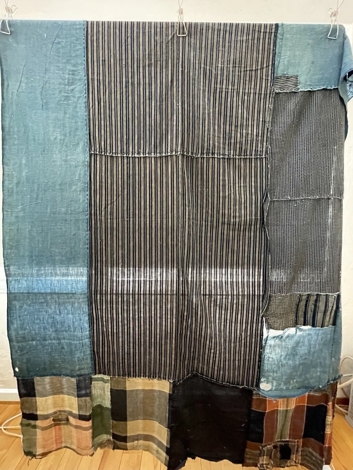 Vintage Japanese Boro Textile Indigo Striped Plaid Patchwork Fabric 143x194cm