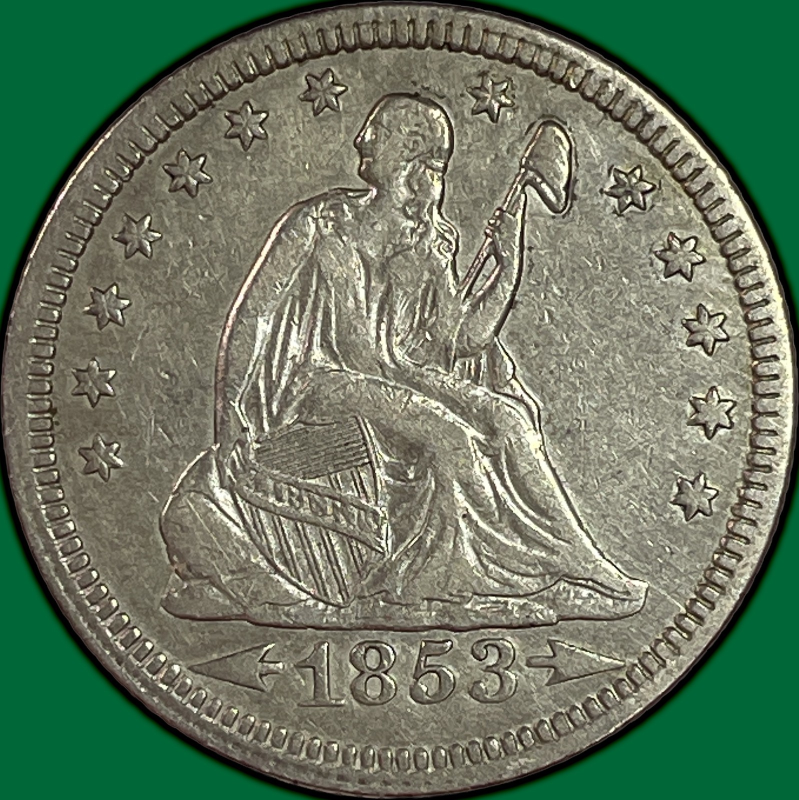 1853 Arrows & Rays Seated Liberty Quarter Almost Uncirculated AU, Old Cleaning