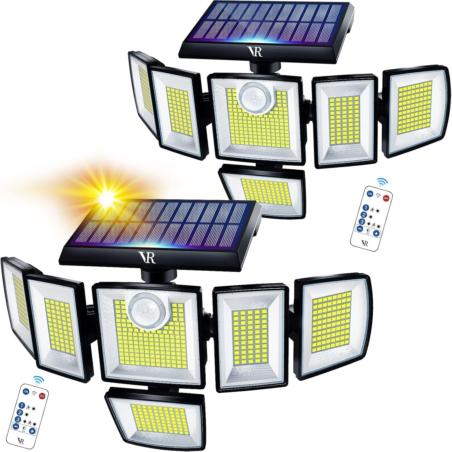 2 Pack Solar Security Light Outdoor 6 head 7000K 3000LM LED Motion Sensor IP65