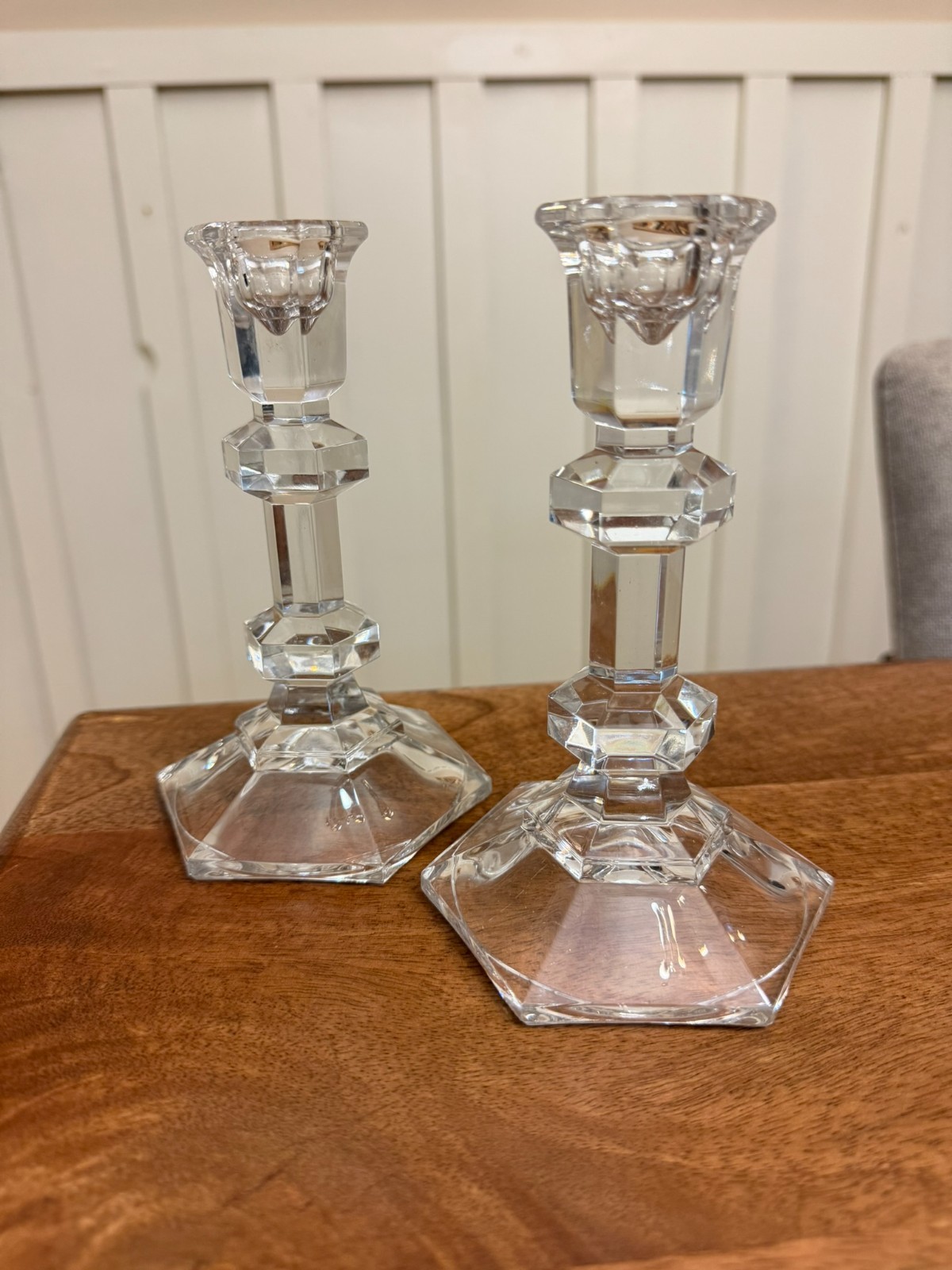 Pair, Crystal Candle Stick Holders, Hexagon, 6”