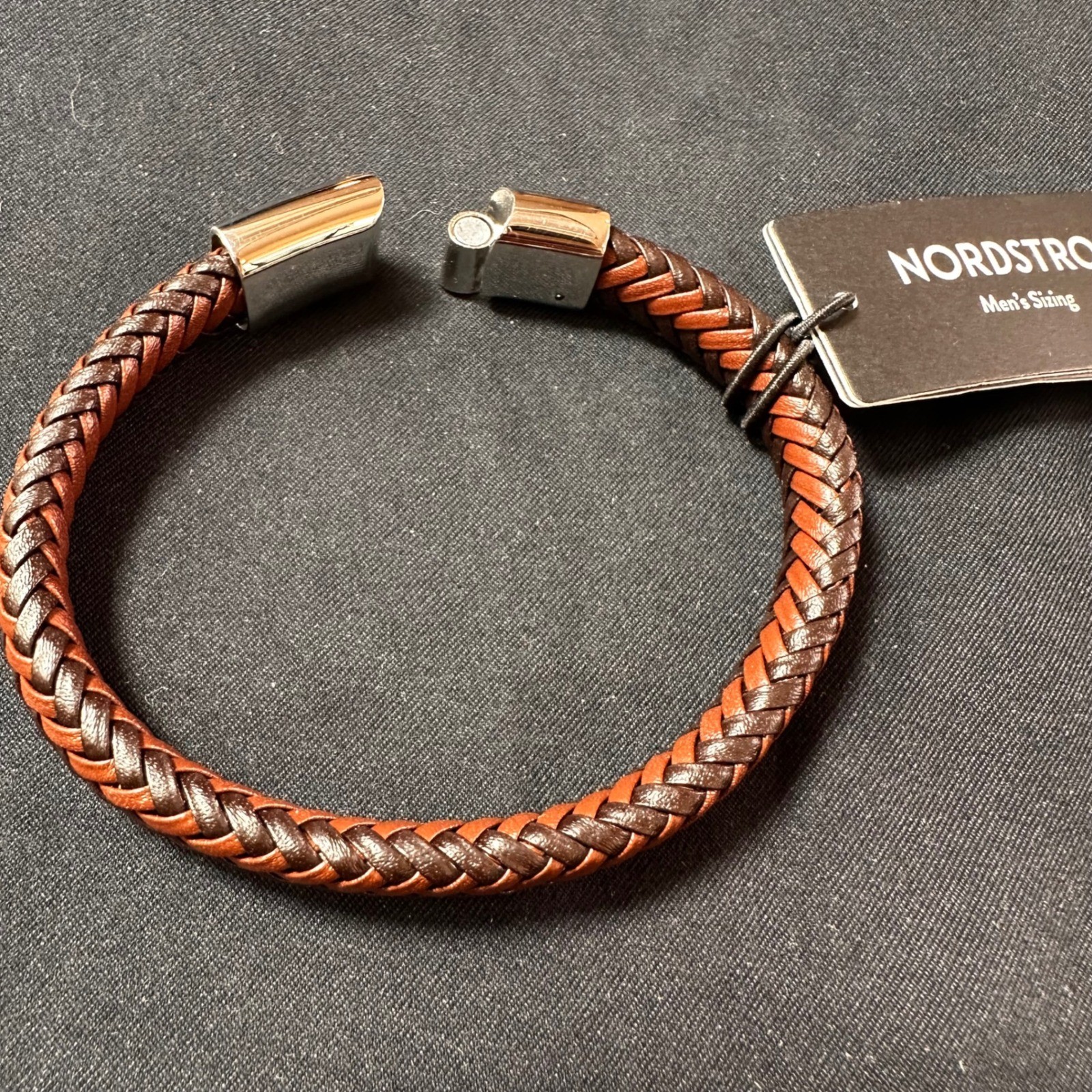 Nordstrom Mens Braided Leather Bracelet Two Tone Brown Magnetic Clasp Accessory