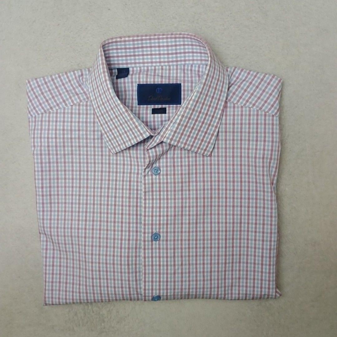 David Donahue Shirt Mens 17 34 35 Blue Check Plaid Trim Button-Up Slim Cotton