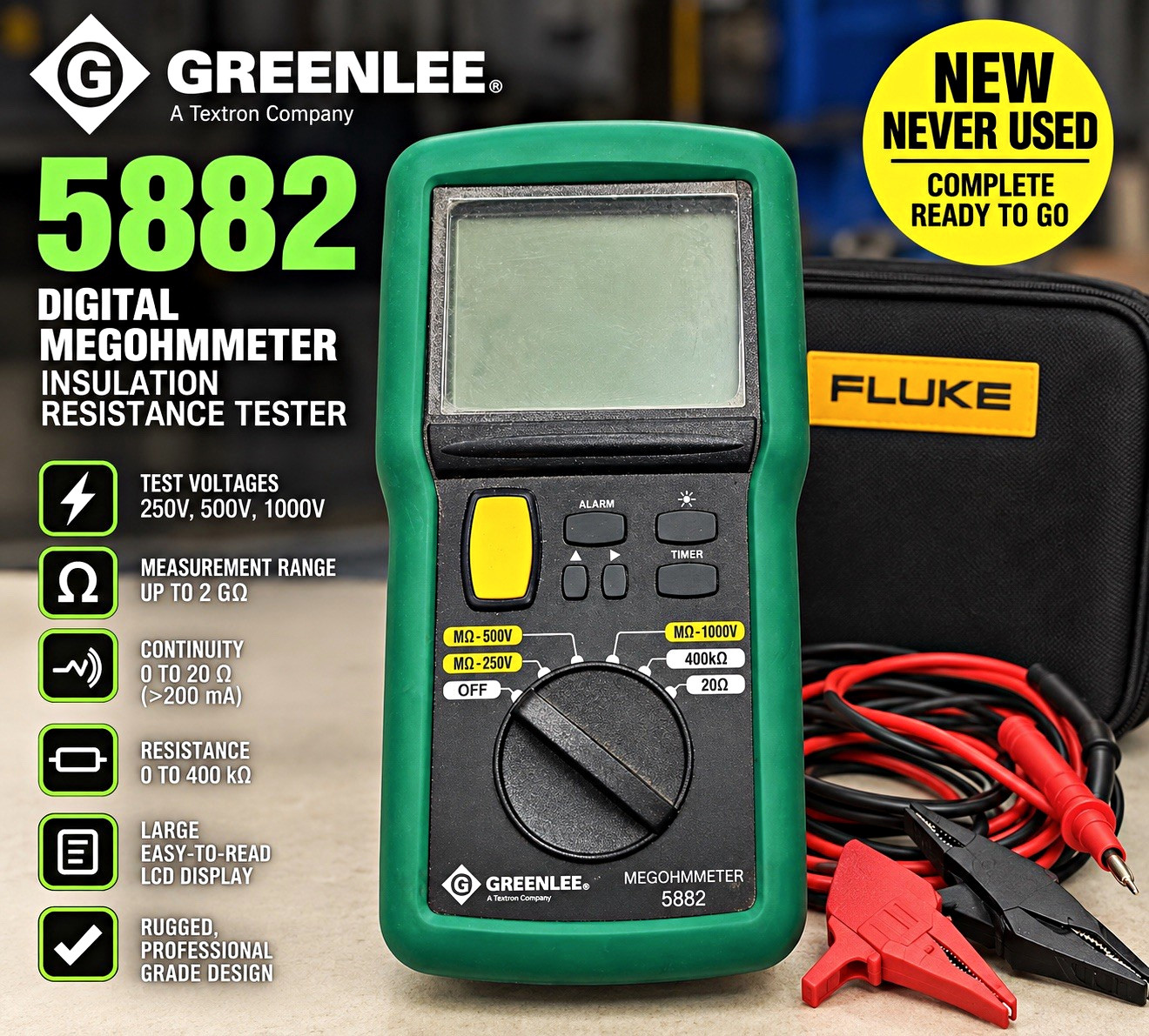 Greenlee 5882 Digital Megohmmeter 0-2GΩ 250/500/1000V Leads Case Manual