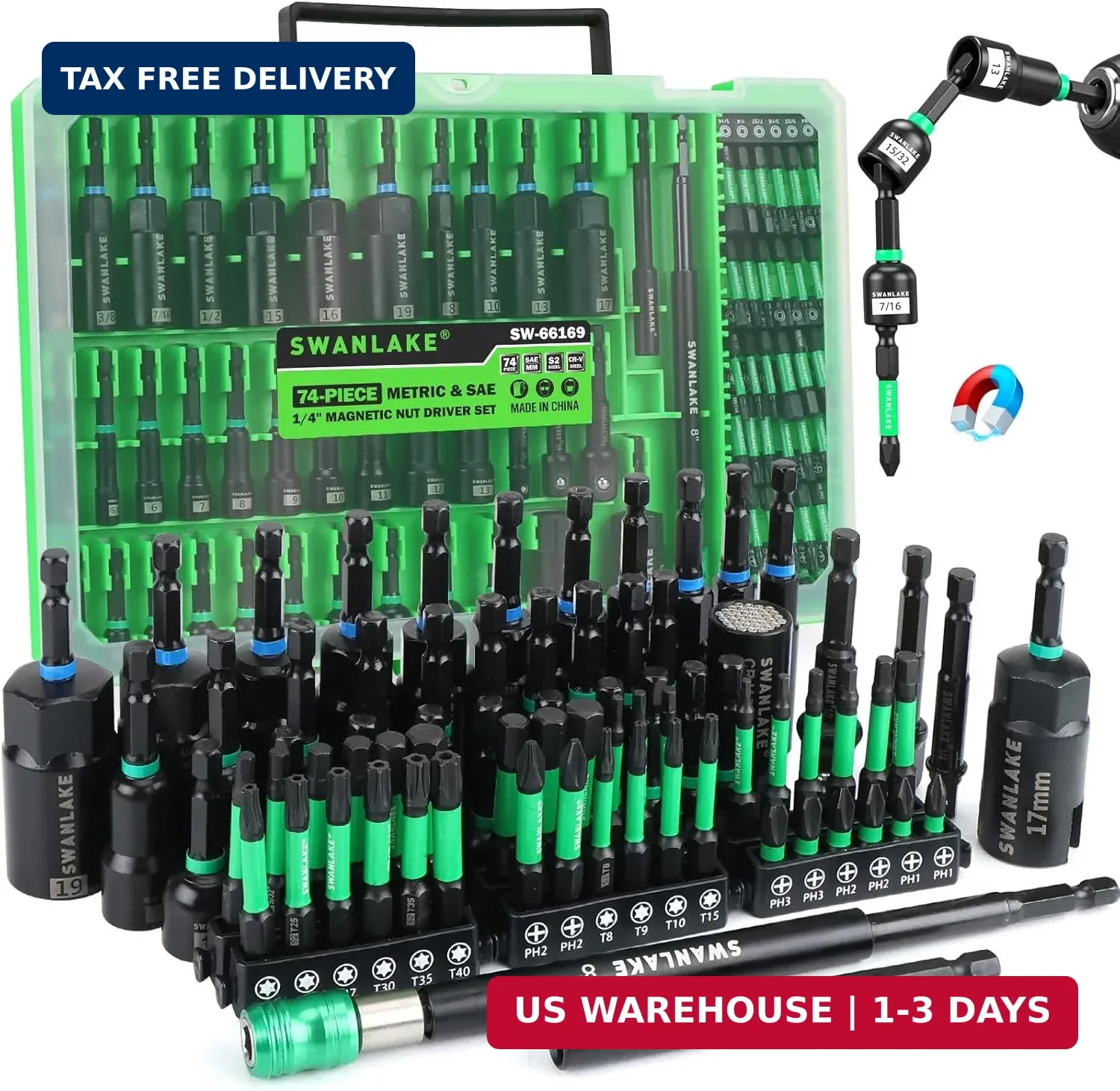 74-Piece Magnetic Nut Driver Set for Impact Drill Metric & SAE, Impact Socket Ad