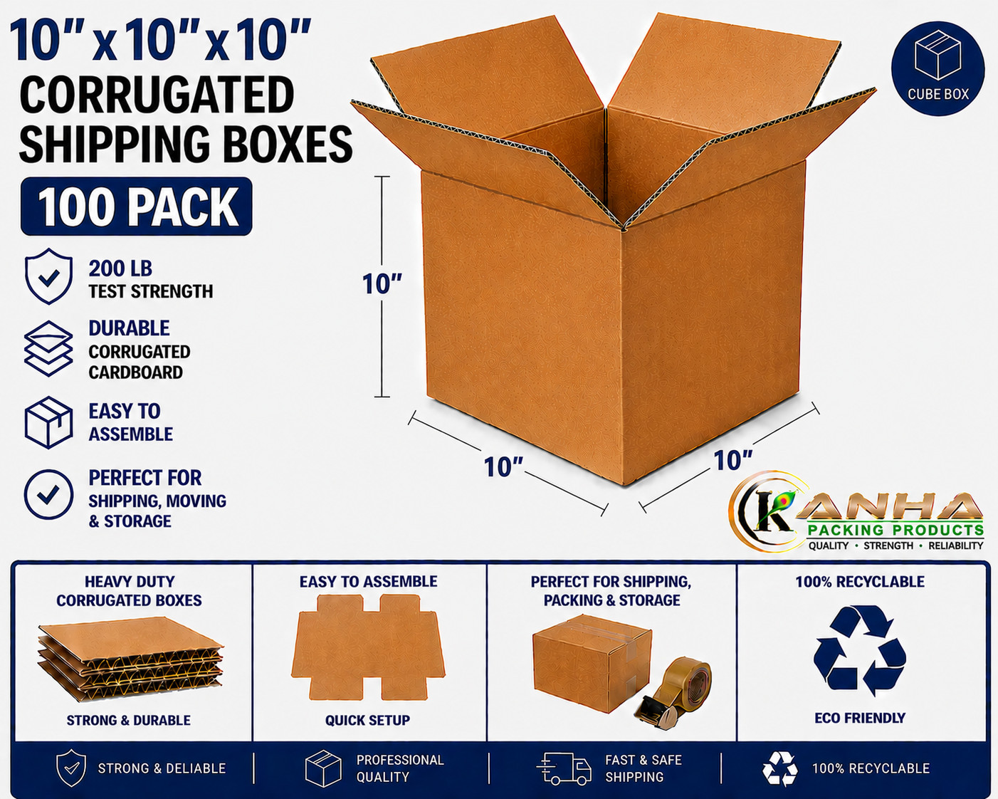10x10x10 Corrugated Shipping Boxes 100 Pack 200 lb Test Heavy Duty Moving Box