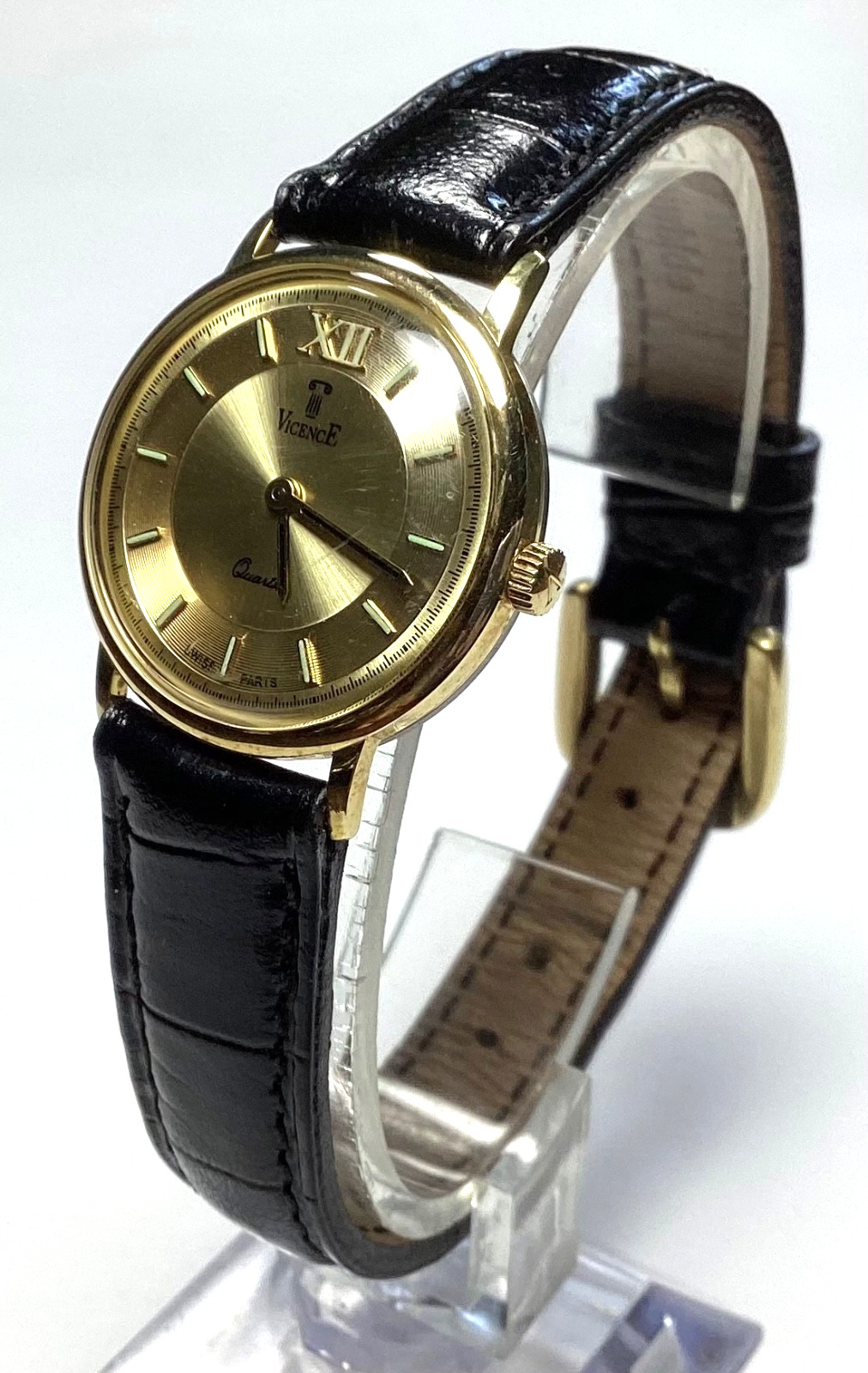 Vintage VicencE Italy 14K Gold Watch Swiss Quartz Gold Dial 25mm New Battery