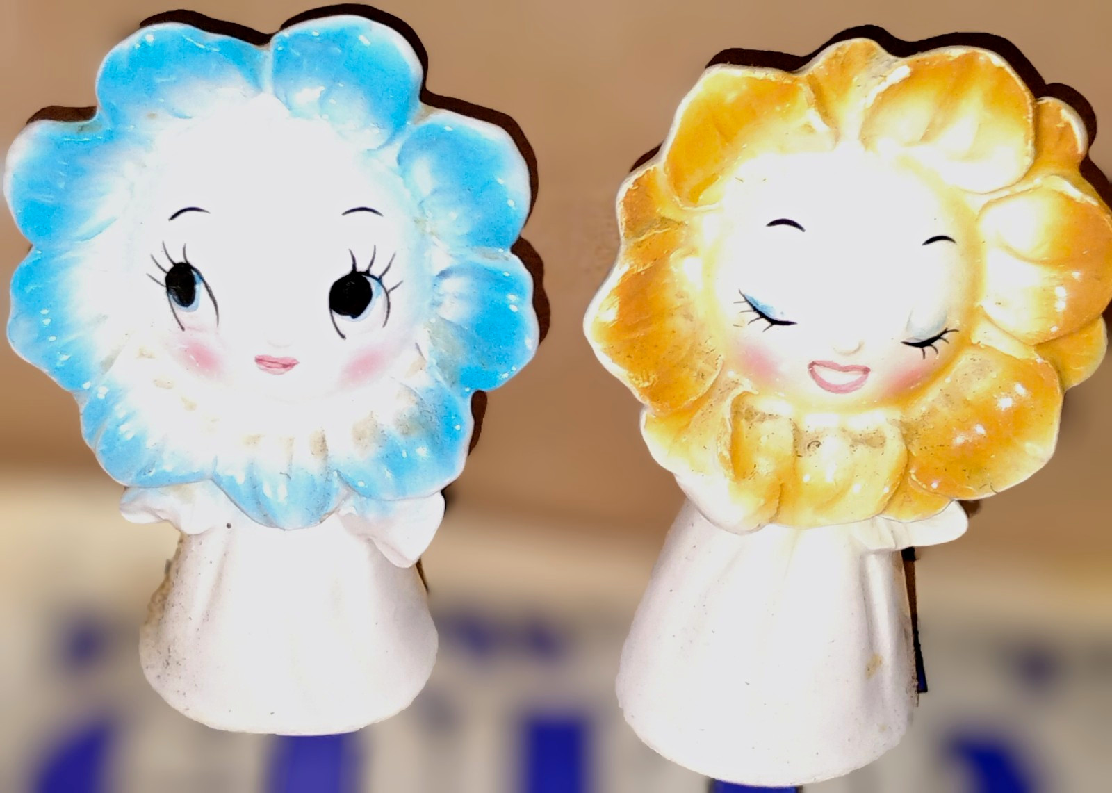 Rare Vtg PY Japan Anthropomorphic Flower Face Salt Pepper Shakers 1950s Kitsch 