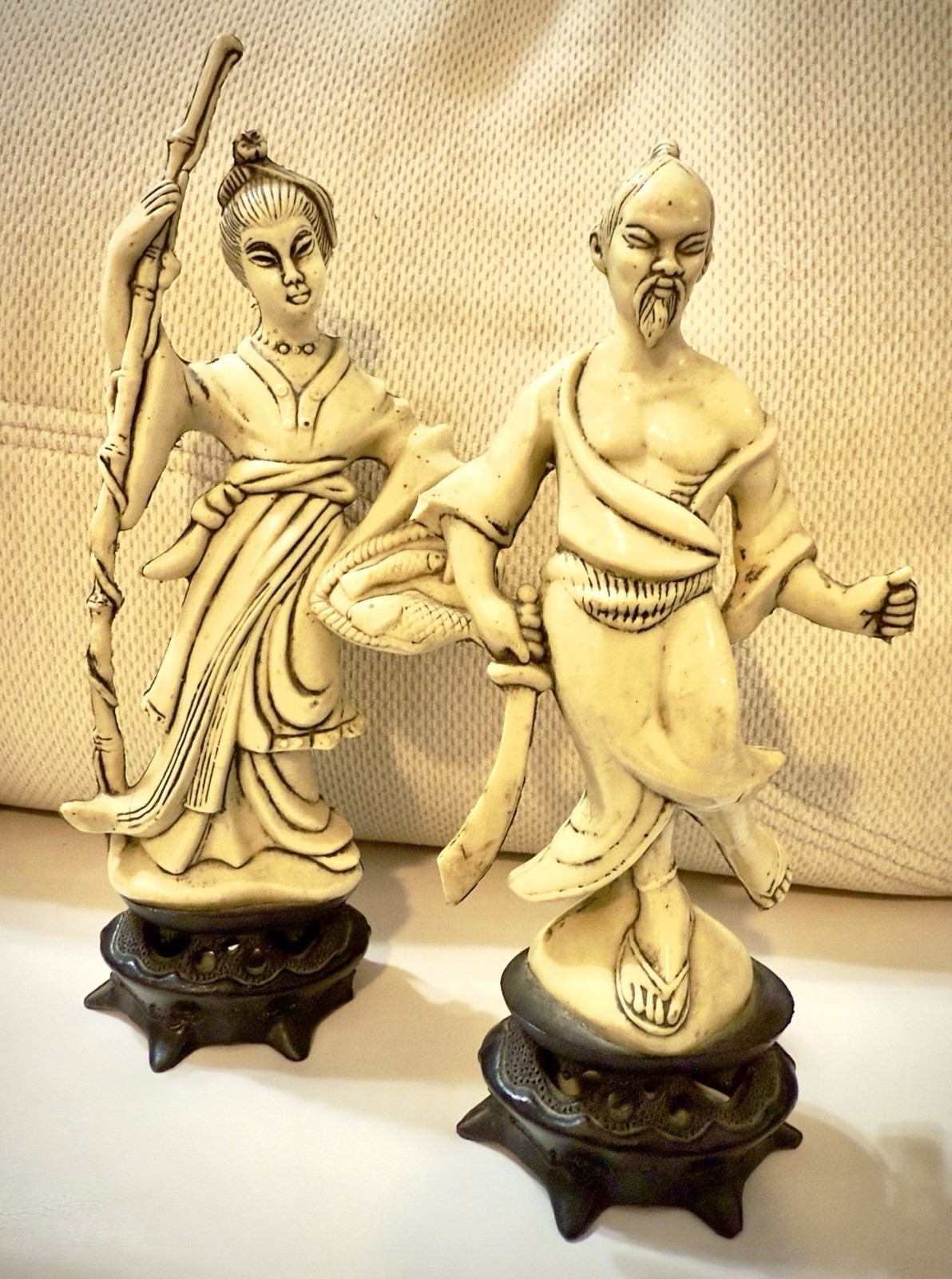 Vintage Hong Kong Faux Ivory Resin Fisherwoman & Swordsman Figurines